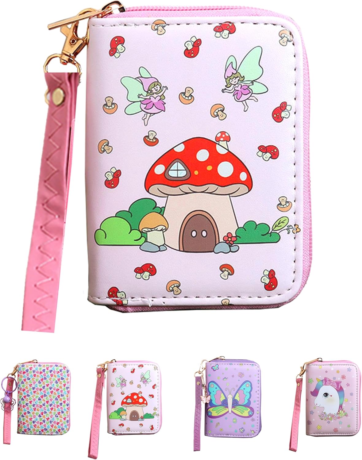 Little Girls Fairy Wallet with Strap, Mushroom Design, Cute Mini Coin Purse, Bi-fold, Faux Leather, 3 Compartments, Zipper Closure