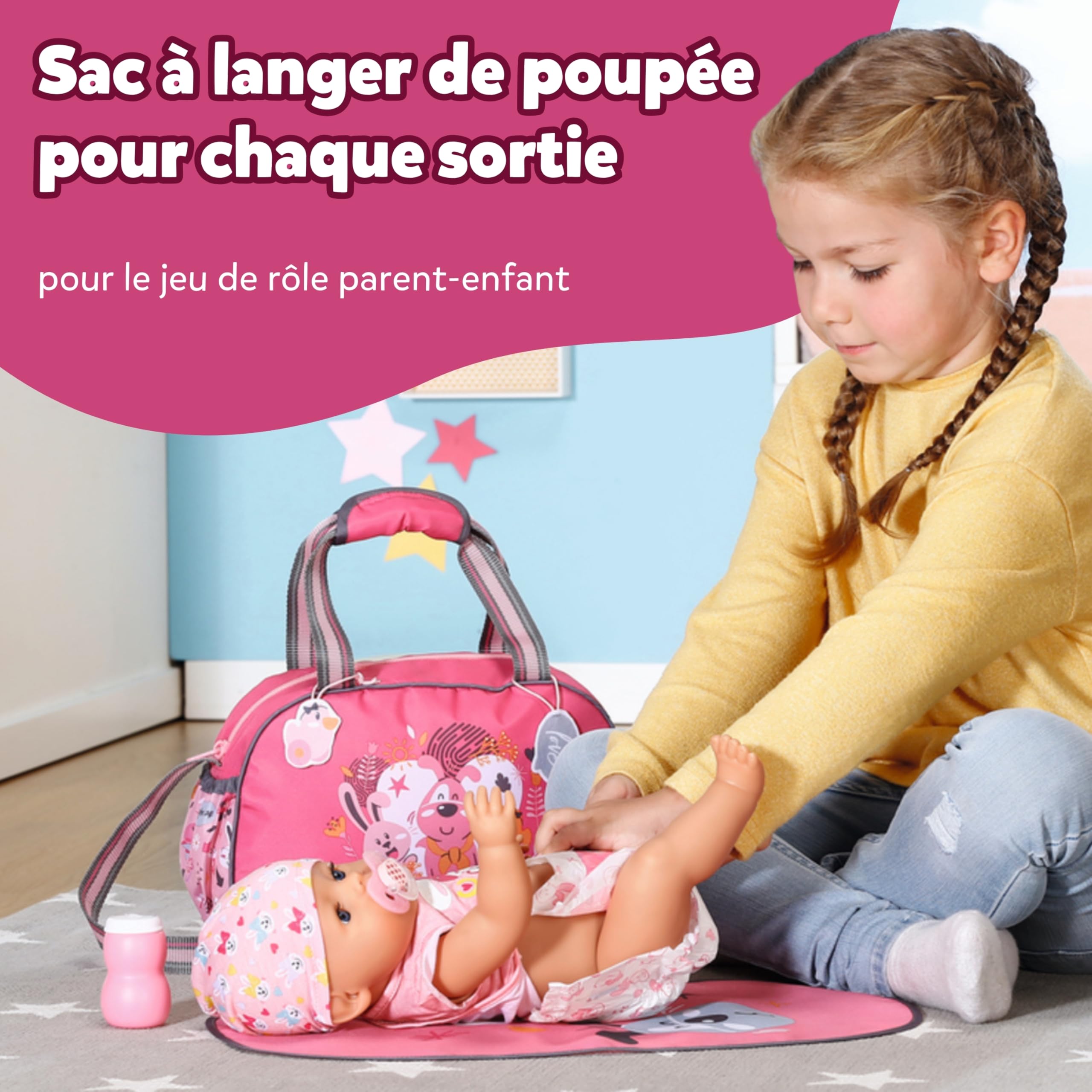 BABY born Sac à langer - Sac à langer pour poupée rose/gris - Accessoires de haute qualité pour poupées avec matelas à langer, couches et boîte à poudre - Convient aux enfants à partir de 3 ans