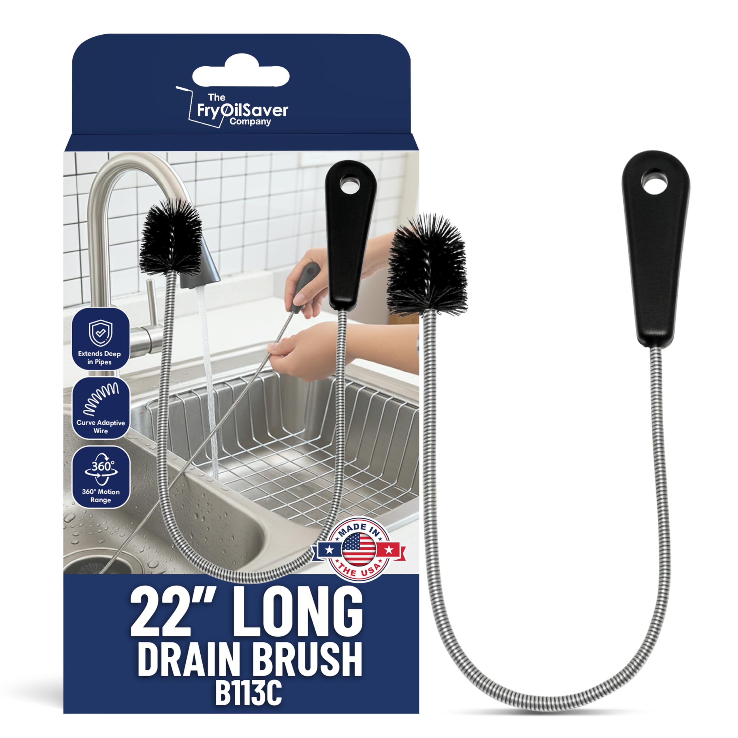 22" Long Sink Drain Cleaning Brush by FryOilSaver Co., Clog Remover for Small Spaces Perfect for Unclogging Sink, Toilet & Shower Drain, Drain Snake Hair Clog Remover, Tiny Pipe Cleaning Brush - B113C