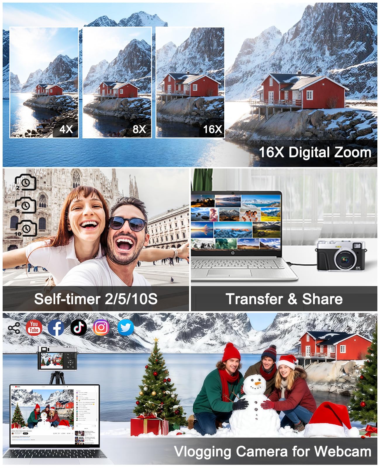 CAMKORY Fotocamera digitale 4K, 48 MP, messa a fuoco automatica con mirino ottico, zoom 16x