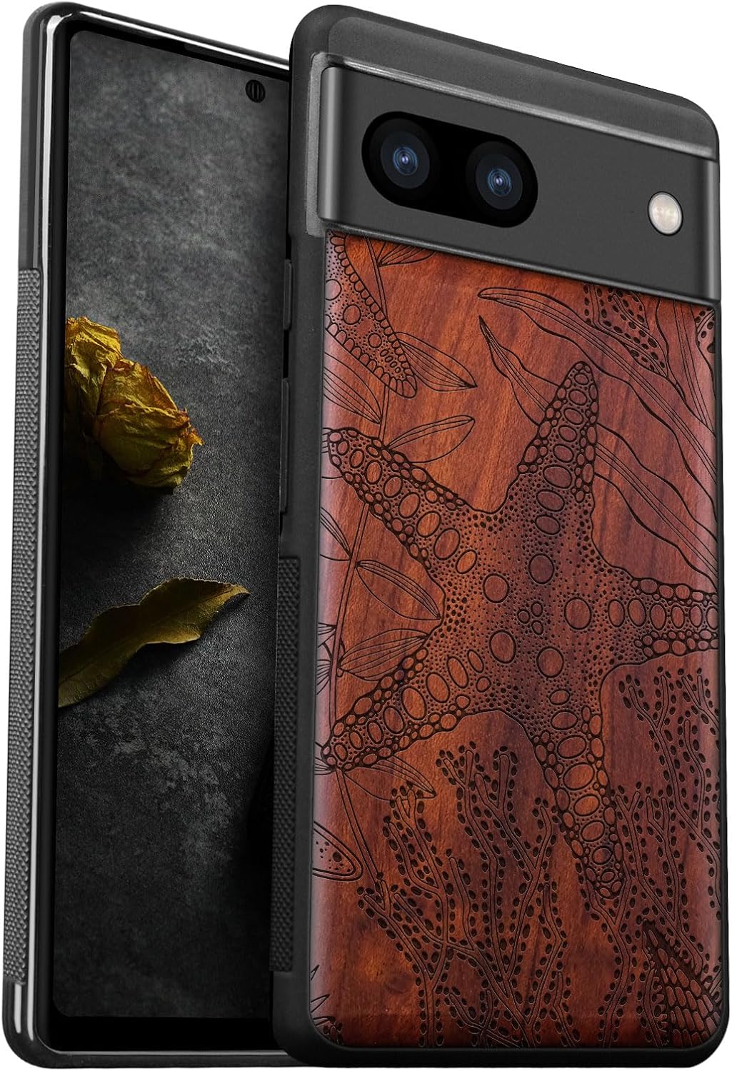 Carveit Wood Case for Pixel 8a Case [Natural Wood & Black Soft TPU] Shockproof Protective Unique Wooden Cover Compatible with Google Pixel 8a (Delicate Leaf Skeleton-Walnut)
