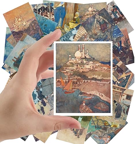 Calcomanías grandes (24 piezas de 2.5 x 3.5 pulgadas), cuentos de hadas vintage para niños, ilustraciones de libros (Dulac de la noche árabe)
