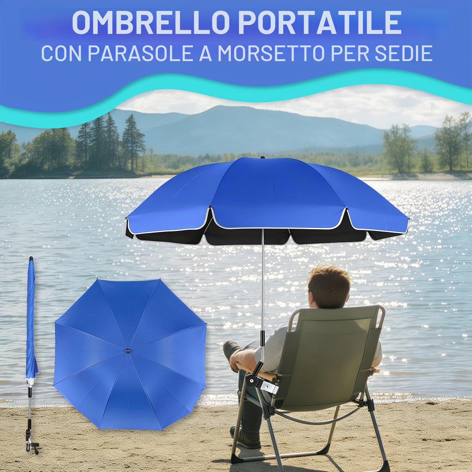 Confezione da 2 Ombrelloni da spiaggia con Morsetto Universale, UPF 50+ 360° Orientabile, Parasole Portatile per sedia da Campeggio, sedia a Rotelle, Sedie da patio, Passeggino
