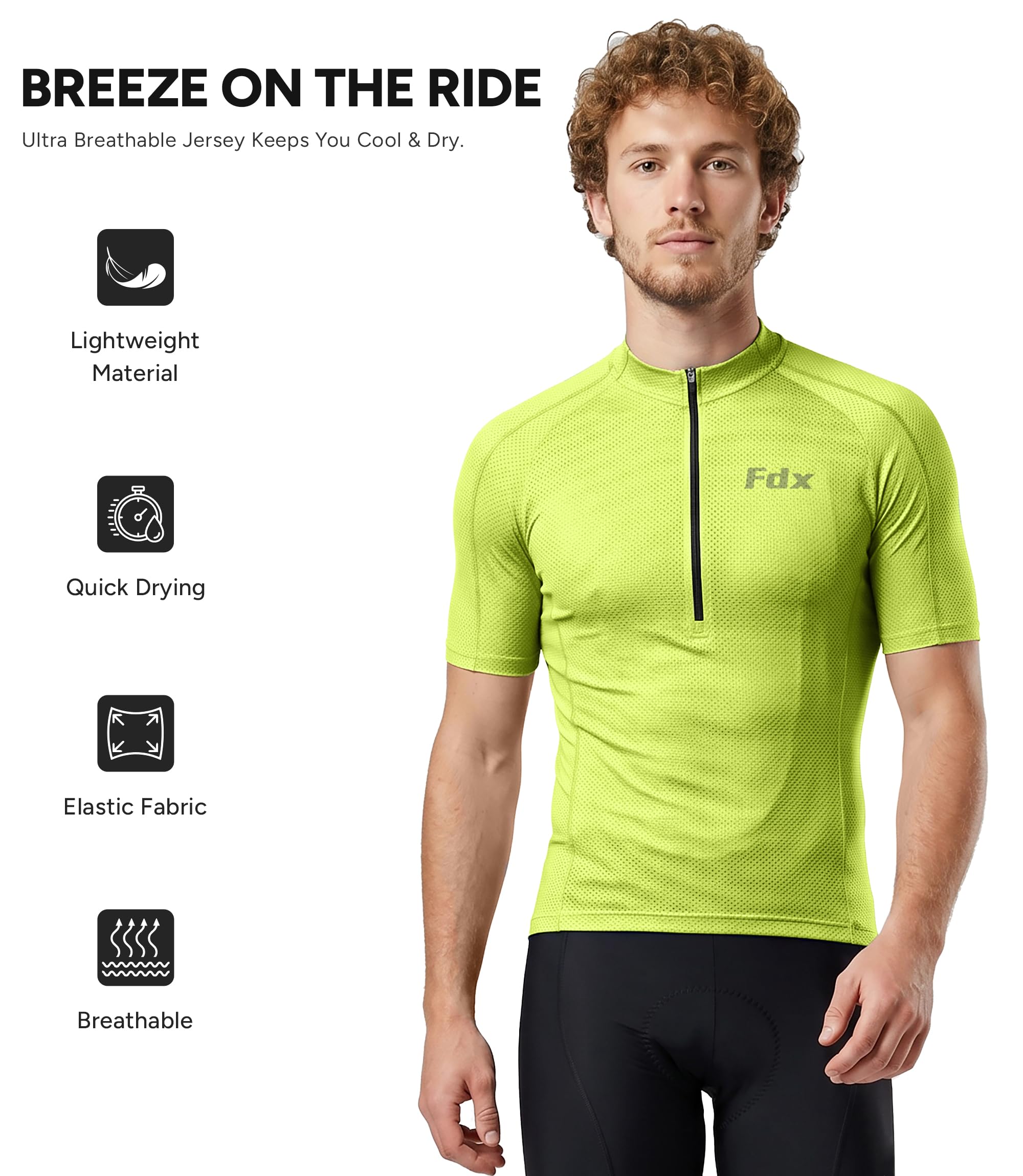 FDX Maillot de Cyclisme pour Homme, Demi-Zip, Respirant, à Manches Courtes et 4 Poches, idéal pour Le VTT, la Course, la Course à Pied et Les activités de Plein air