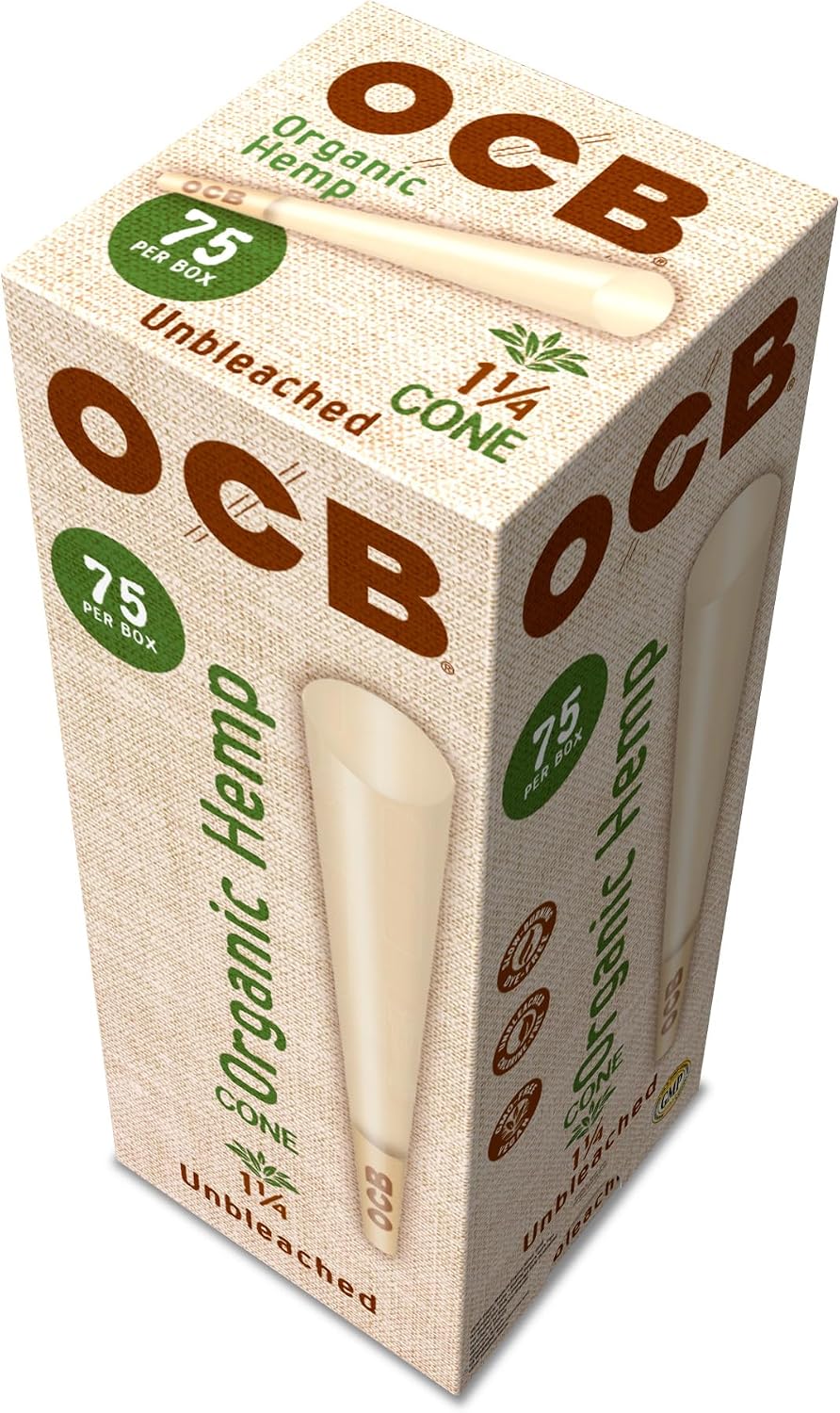 OCB Organic Hemp Unbleached Pre-Rolled Rolling Paper Cones 1-1/4 (84mm) Size - 75 Cones