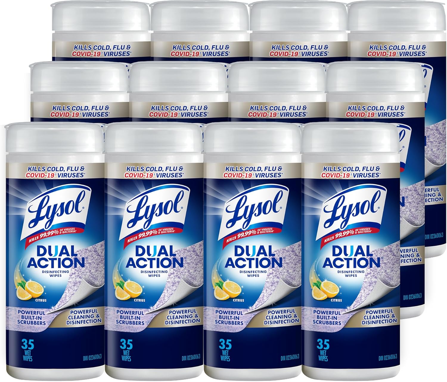 Lysol Dual Action Disinfecting Wipes, Scrubbing & Soft Texture, Kills 99.9% of Germs, Removes Allergens, Home & Electronics Cleaning Wipes, Citrus Scent, 12 x 35 Count (420 Total Wipes)