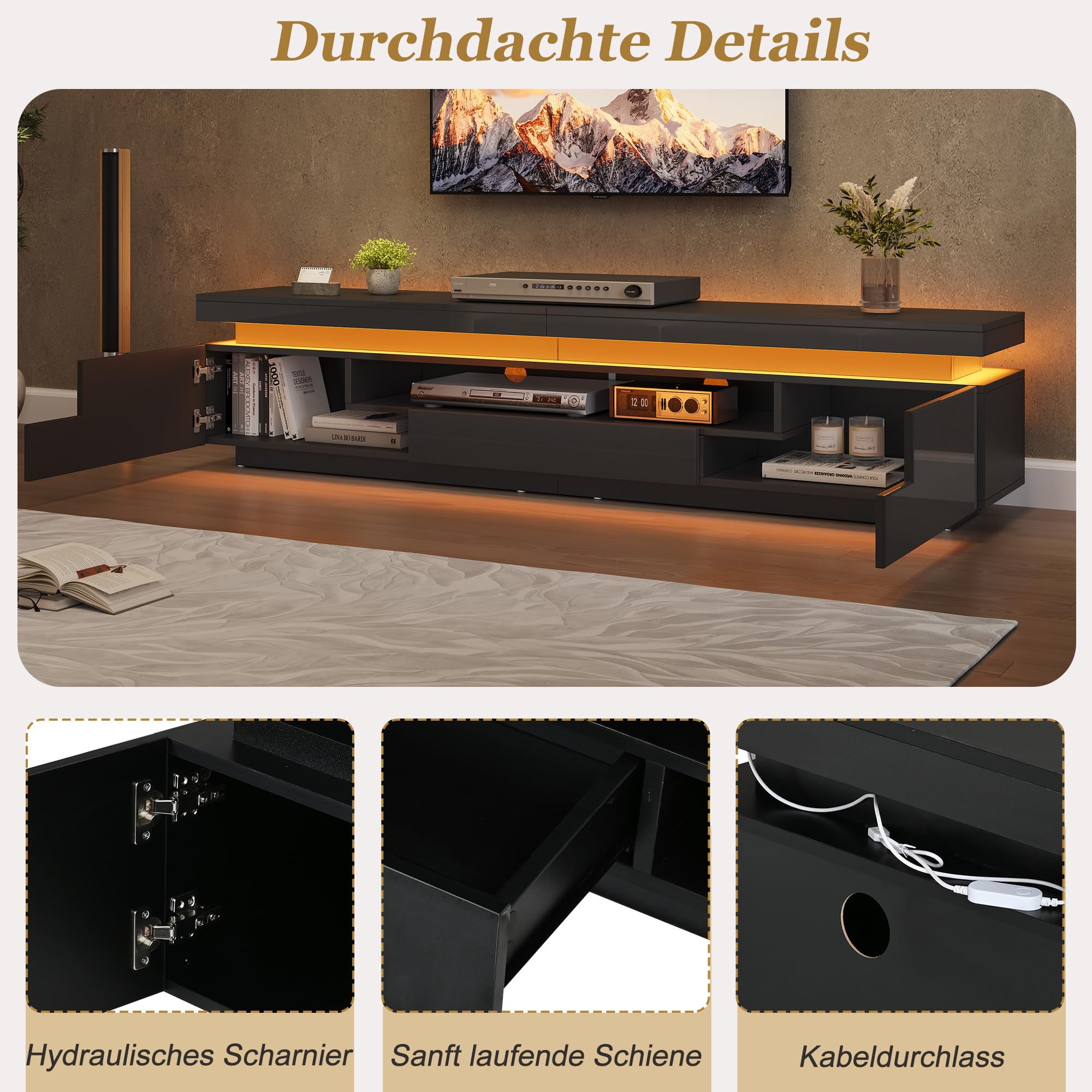 TV Schrank Lowboard mit LED 175 cm (Schwarz)