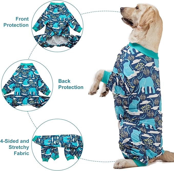 LovinPet Ropa para Perros Grandes, Pijama de Tela de Punto Ligera y Elástica, Estampado de Elefante Azul, Protección UV, Mediana miniatura 4