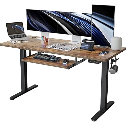FEZIBO 63-Inch Large Height Adjustable Electric Standing Desk with Keyboard Tray, 63 x 24 Inches Sit Stand up Desk with Splice Board, Black Frame/Rustic Brown Top