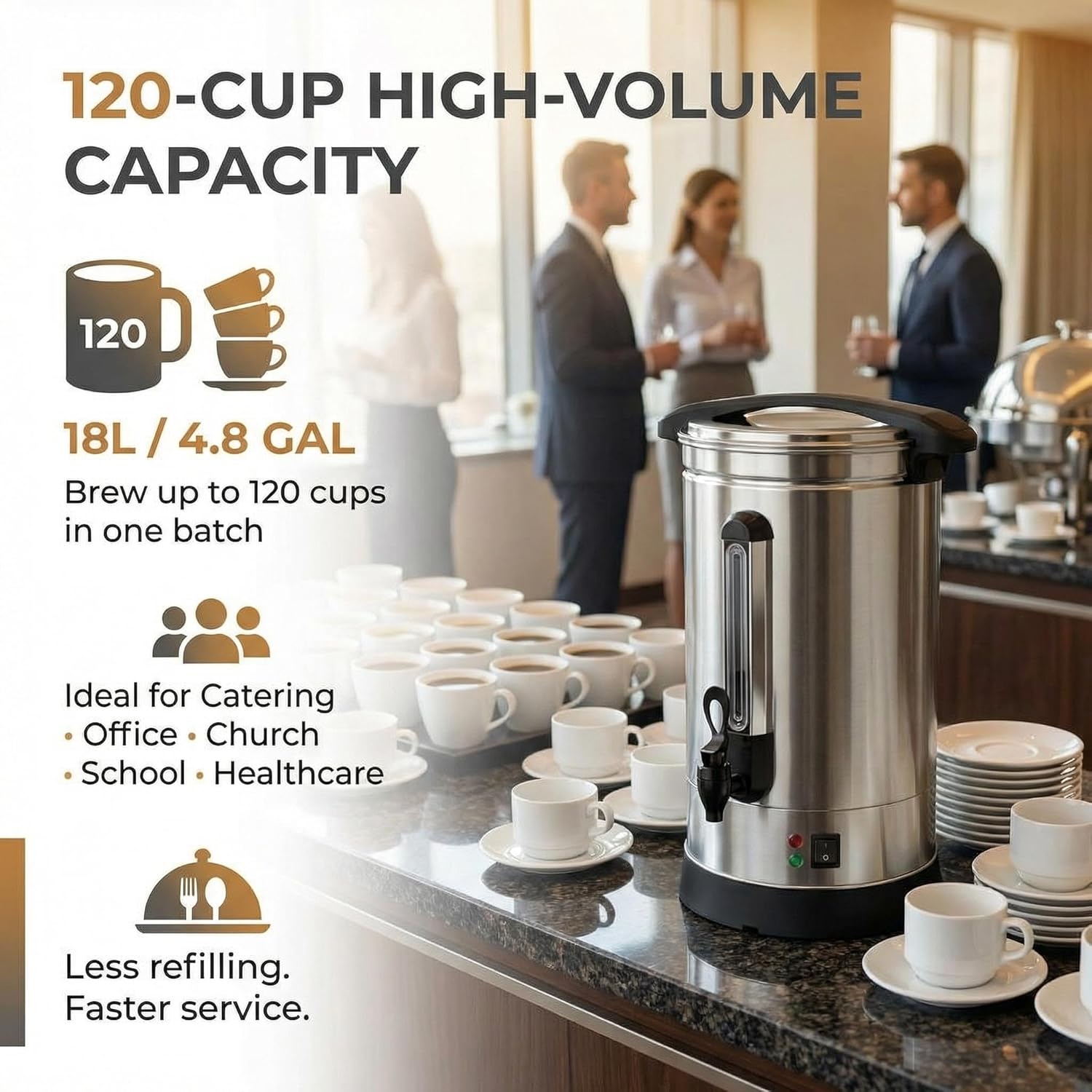 Coffee Urn 120 Cup, 18L / 4.8 Gal Stainless Steel Commercial Coffee Maker, Electric Hot Beverage Dispenser with Auto Keep Warm, Hot Water & Coffee Urn for Catering, Office, Party & Church