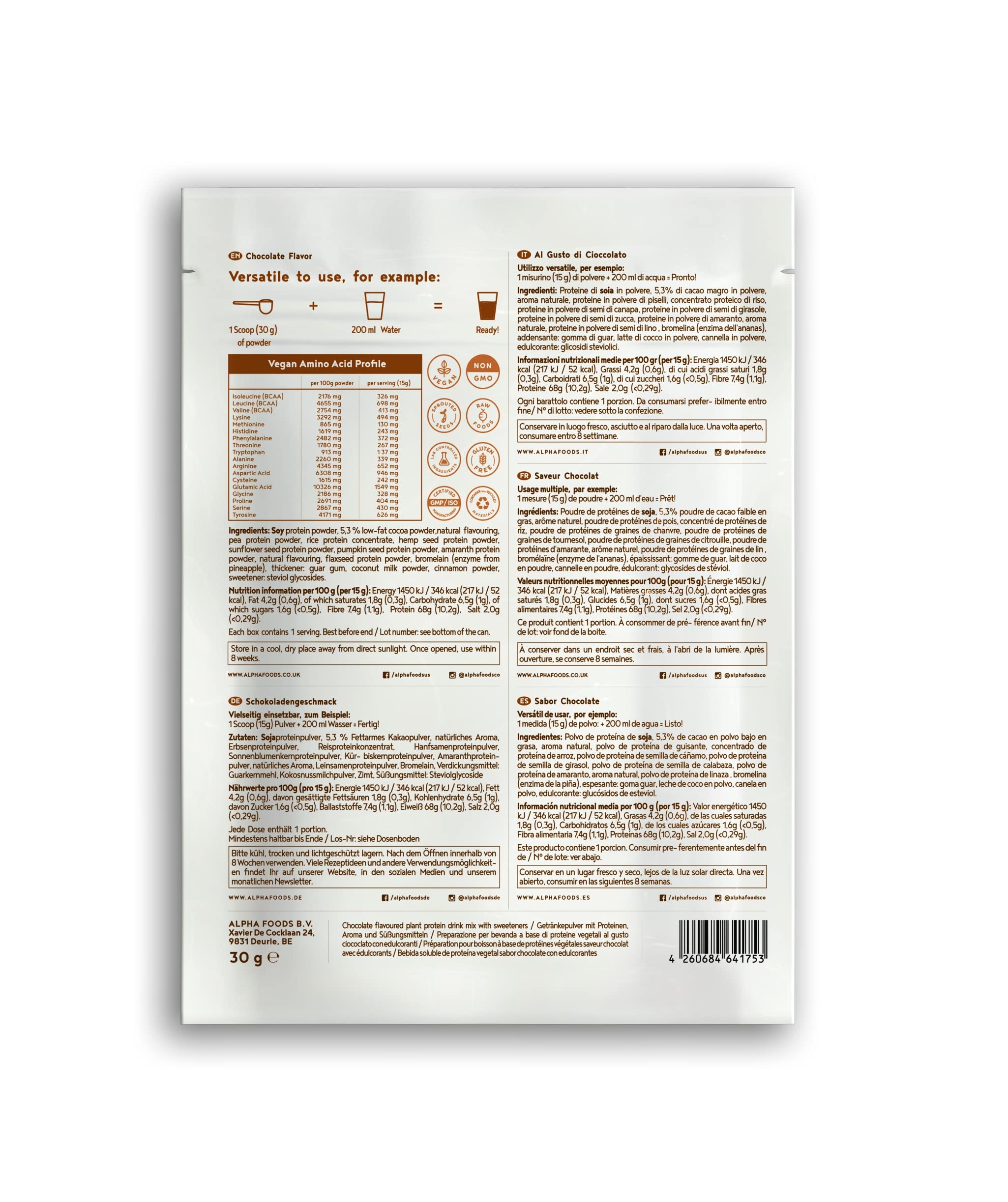 Veganes Proteinpulver | Schokolade | 30g Probierpäckchen Eiweißpulver | Produktprobe | Premiumqualität Protein | Made in Germany | Alpha Foods