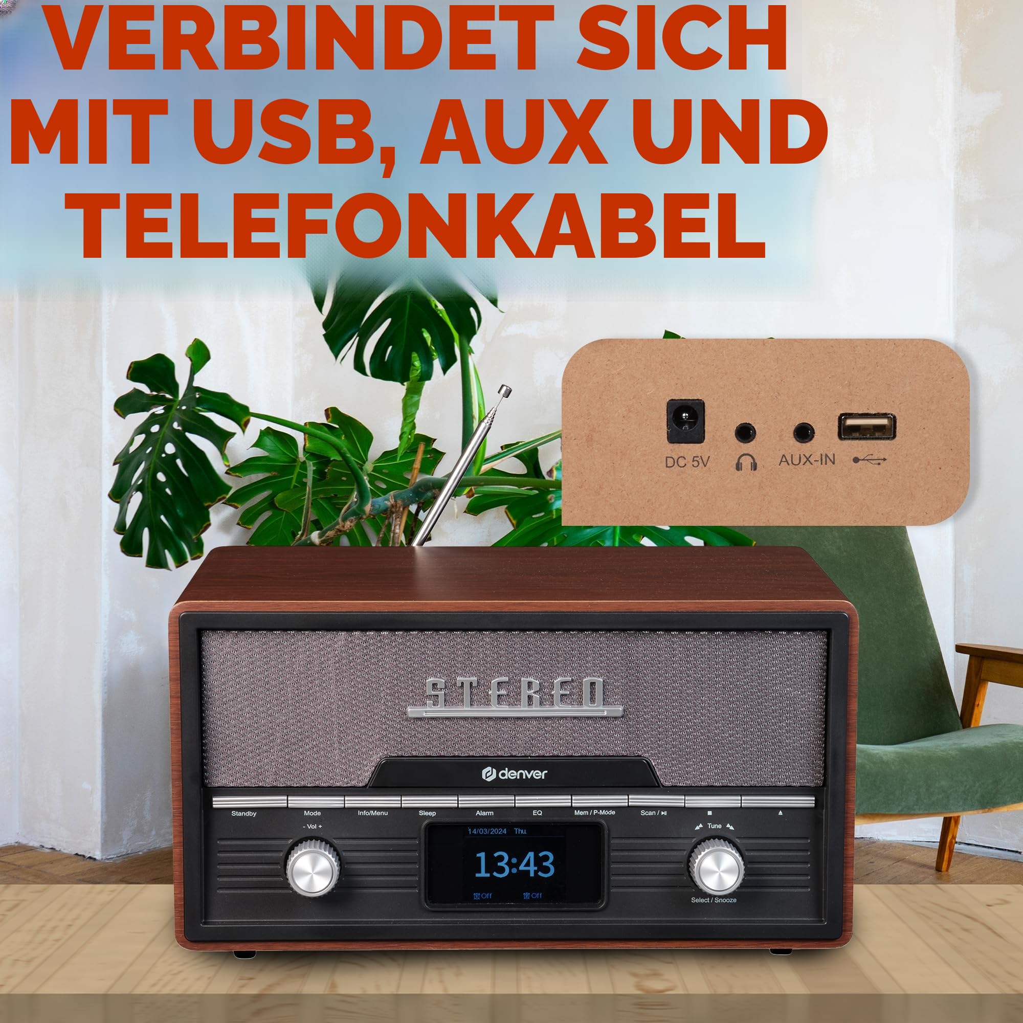 DENVER MDA-525DW Retro Mikro HiFi Anlage - DAB+ & FM Radio - CD-Player - Bluetooth - USB-Anschluss - AUX-Eingang - Weckerfunktion - Kompakte Stereoanlage im Holz Design | All-in-One Holzkonstruktion, 2x50W, Elegantes Retro Design, Für Wohnzimmer, Büro
