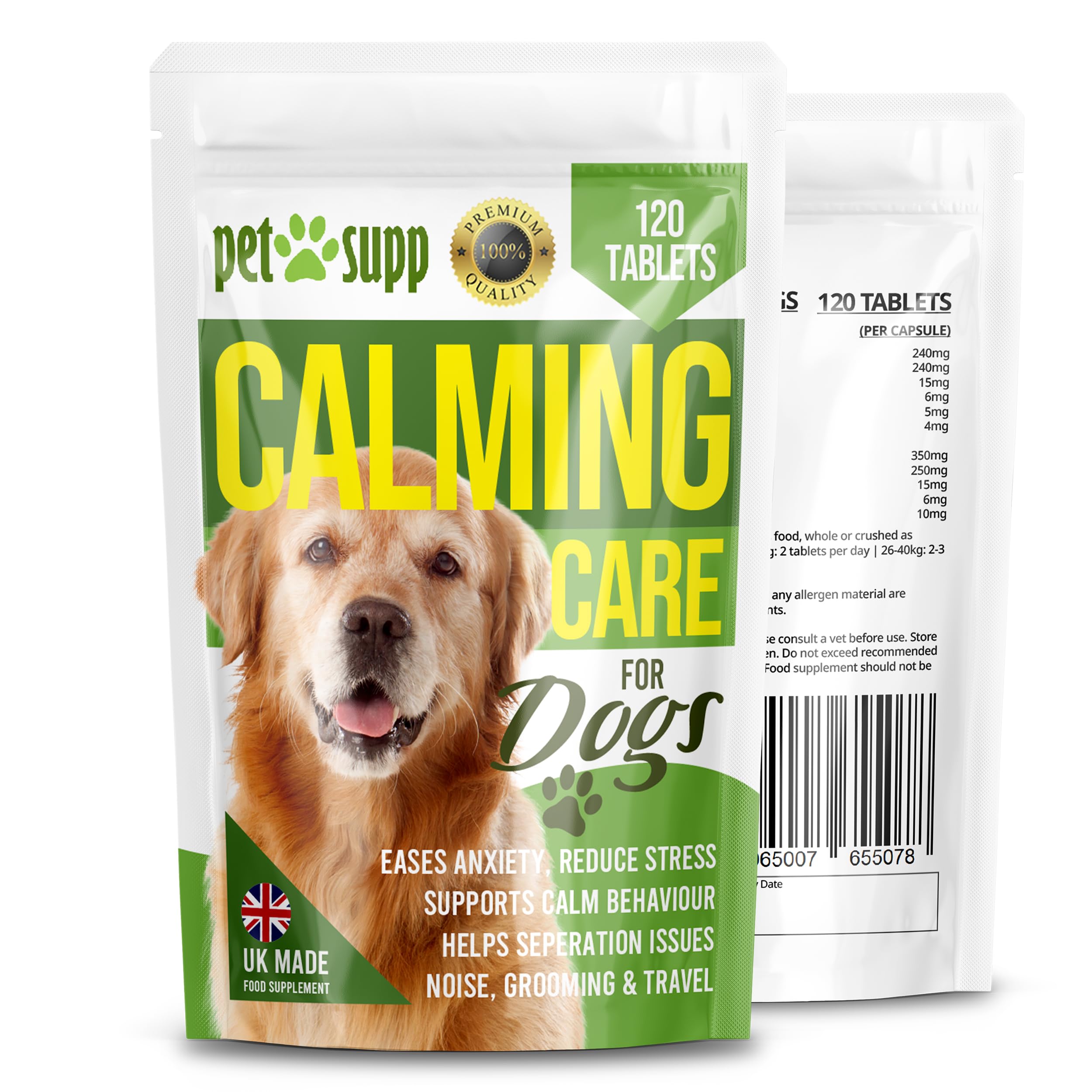 Calming Care: Natural Calming Tablets for Dogs - Reduces Stress, Fear, & Anxiety, without Drowsiness, Supports Separation, Travel & Hyperactivity - 120 Tablet for All Breeds & Sizes