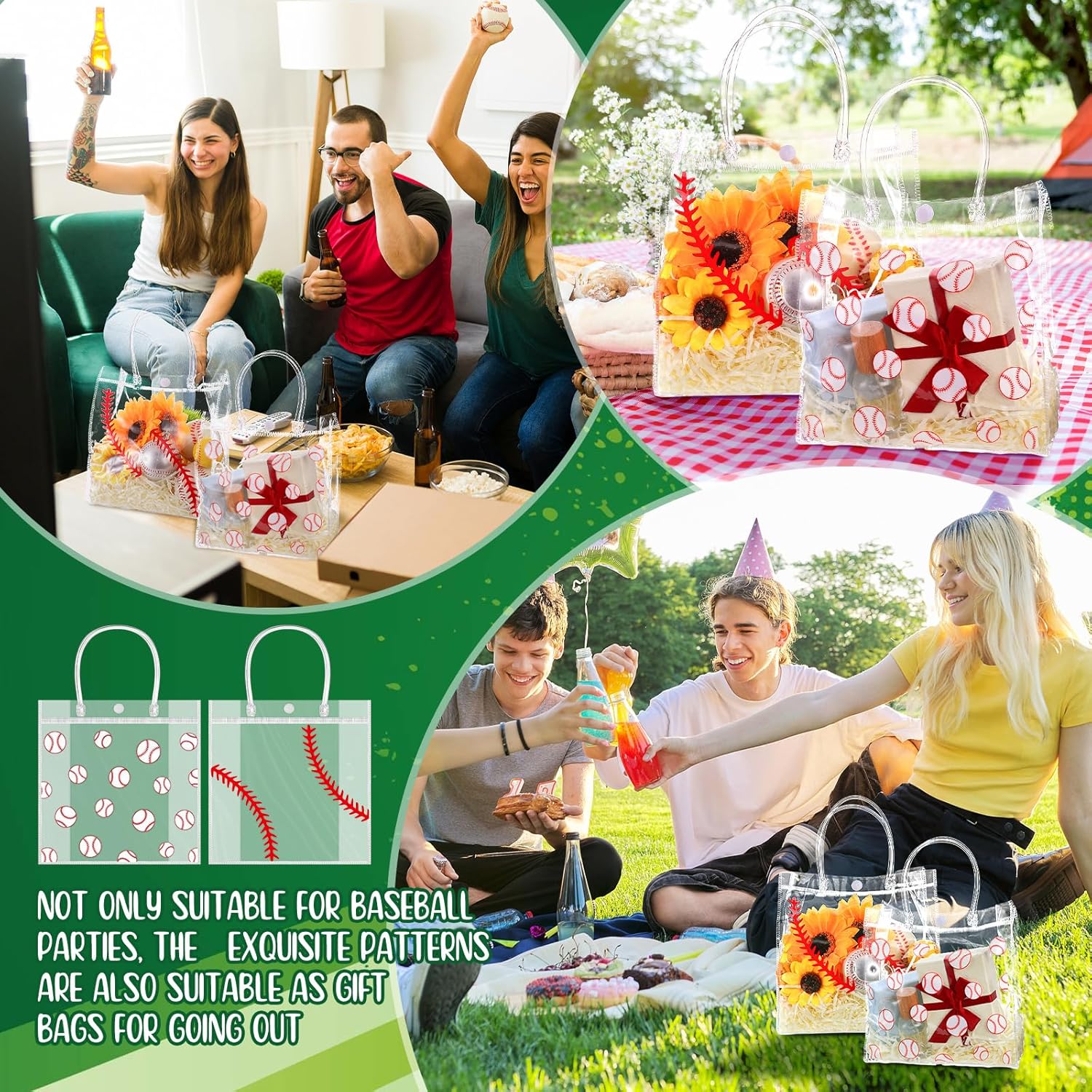 Kosiz 24 Pcs Baseball Clear PVC Gift Goodie Bags with Handles Baseball Theme Party Favor Snack Candy Treat Tote Bag Bulk for Team Gifts Birthday Decorations Supplies, 7.87 x 7.87 x 3.14 Inch - Image 3