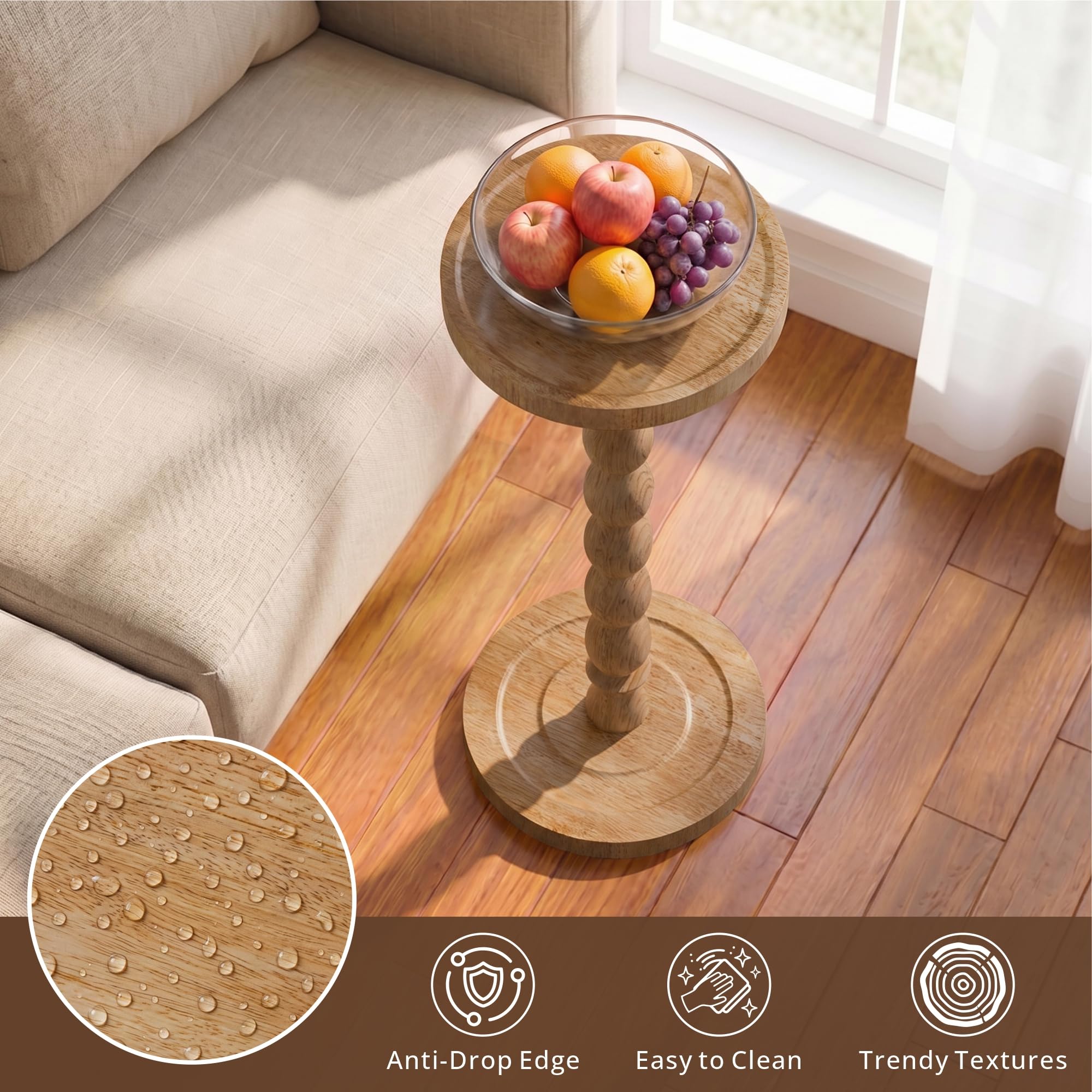 Petite table d'appoint ronde en bois d'hévéa pour petits espaces, table martini, guéridon pour salon, chambre à coucher, coins et bureau (marron, 23,9 cm)