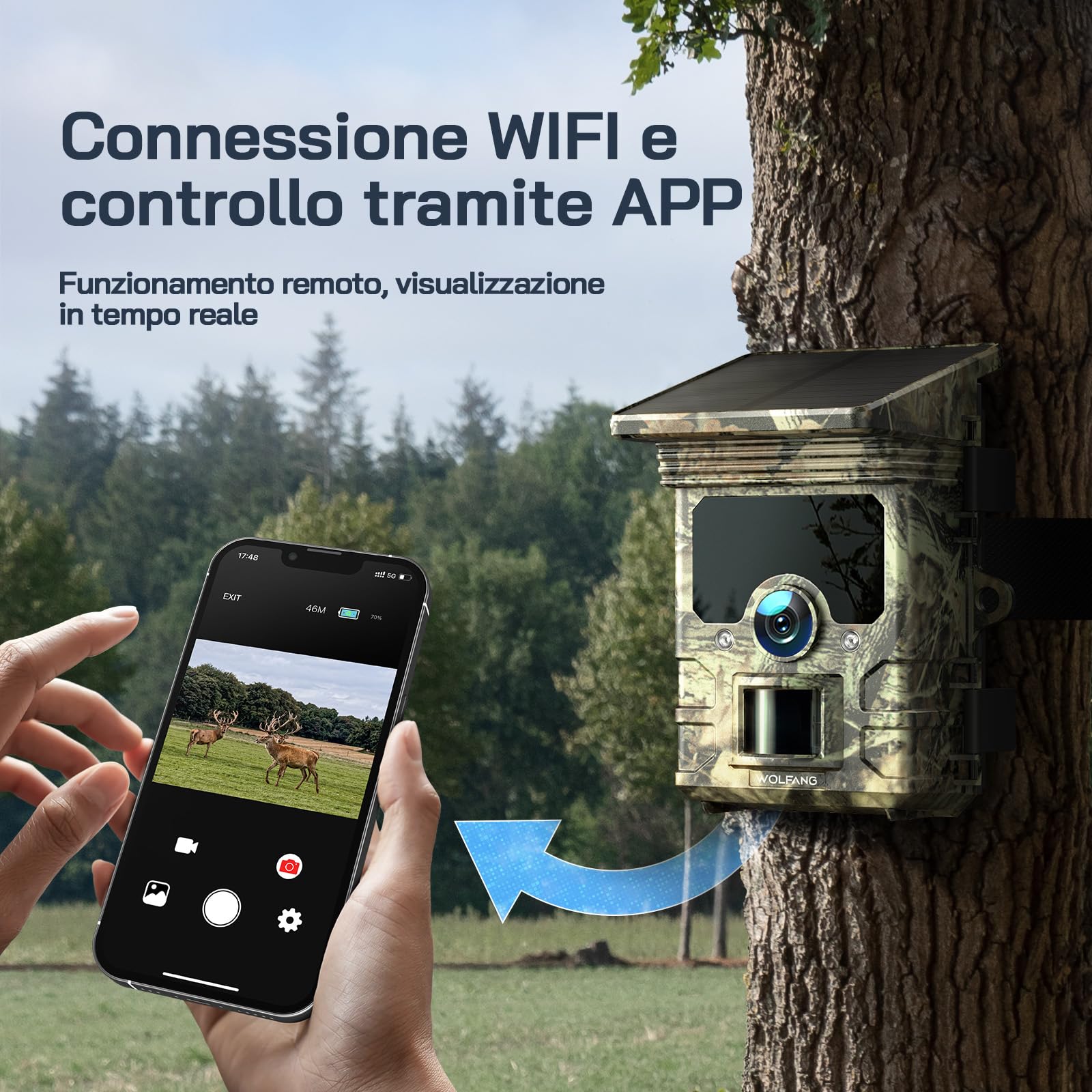 WOLFANG Fototrappola 68MP 4K 30fps, Solare Wi-Fi Bluetooth e App Fotocamera Caccia con Batteria Ricaricabile da 5200mAh, Angolo di Rilevamento 120°, Trigger 0,1S, Visione Notturna Impermeabile IP66