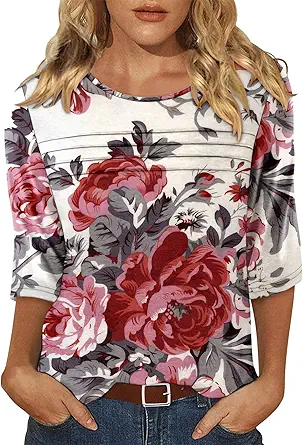 KISSMODA Women's Casual 3/4 Sleeve T-Shirts Round Neck Cute Tunic Tops Basic/Pleated Summer Tops Trendy Spring Blouses