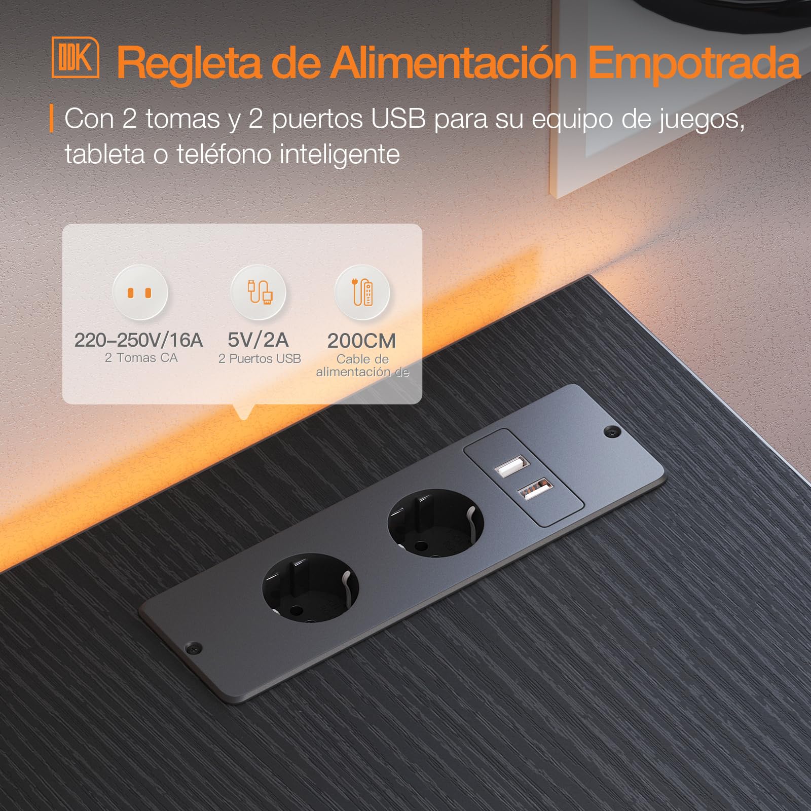 ODK Escritorio Esquinero con Estantes Reversible, 120x80cm, Negro | Escritorio Gaming en L con Puertos USB y Enchufes Integrados, Soporte para Monitor para Oficina en Casa y Jugadores