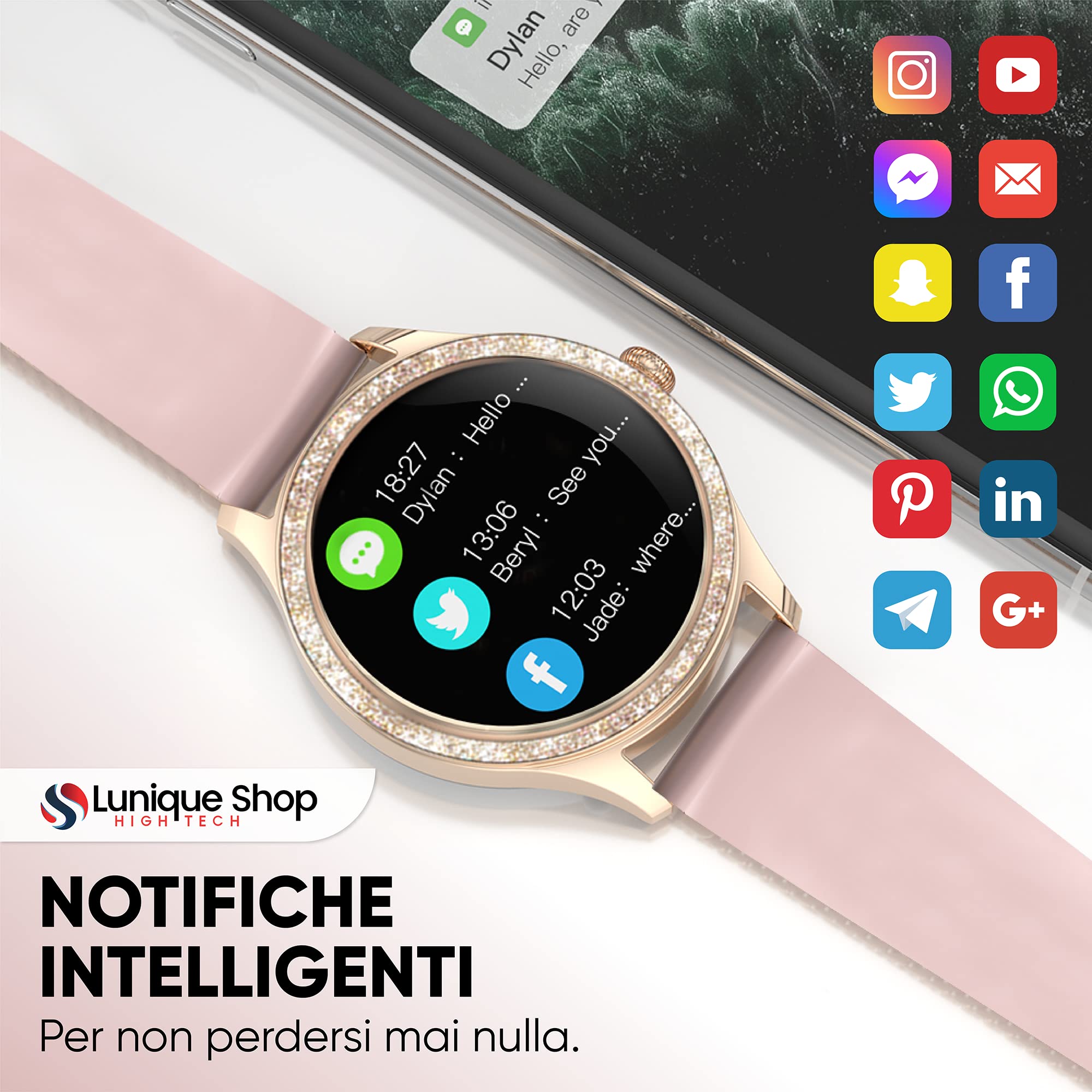 Smart Watch Donna Intelligente Brillante LSLUXE Rotondo | Orologio Fitness Tracker con GPS | Contapassi | Cardiofrequenzimetro | Saturimetro (SpO2) | Sonno Smart Band per Android iOS (Oro)