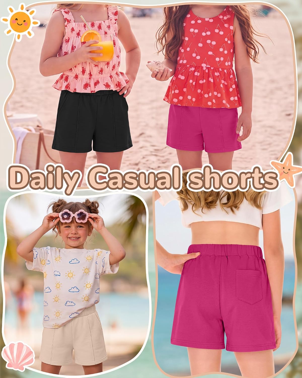 3 Pack Girls' Athletic Shorts Kids Summer Drawstring Wide Leg Elastic Waist Casual Shorts with Pockets 5-14 Years(13-14 Years,Black, Rose Pink, Cream)