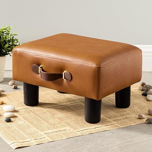 Taburete de pie pequeño con asa, de piel sintética marrón whisky, reposapiés rectangular con patas de plástico, taburete acolchado para sala de