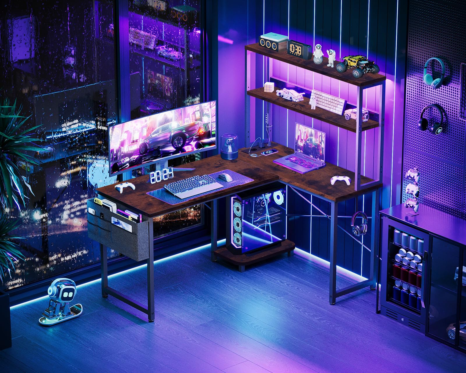Coleshome Scrivania Gaming con LED e Prese, 110 × 80 cm Scrivania Gaming Angolare Reversibile con Scaffali Portaoggetti, Tavolo Angolare con Borsa Portaoggetti per Giocatori, Marrone Vintage