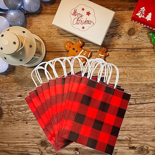 Miniatura 5 de Iceyyyy 15 bolsas de papel kraft a cuadros rojos y negros, bolsa de regalo de papel con asa para el día de San Valentín, día de la madre, Halloween,