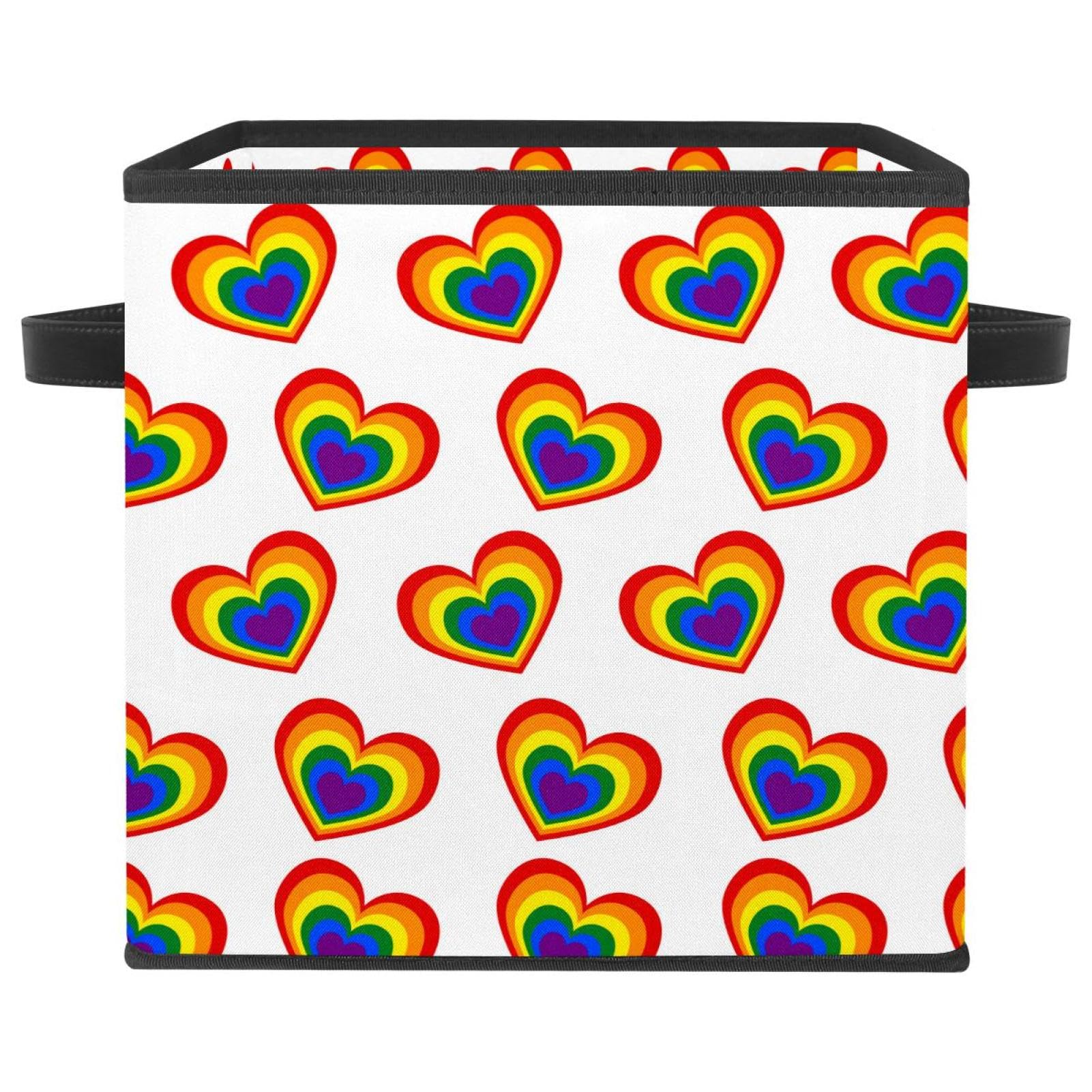 Boîte de rangement en tissu avec motif cœur arc-en-ciel coloré
