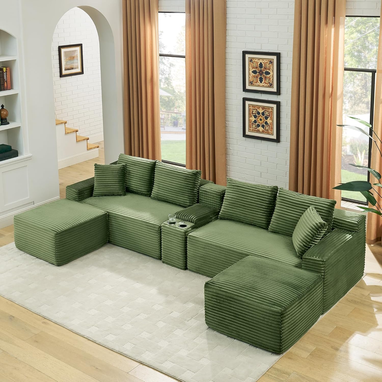 U-Shaped Cloud Sectional Couch, Symmetrical Modular Compressed Boneless Sectional Sofa with Chaise Lounges and Console, Plush Corduroy Boneless Corner Sofa for Living Room