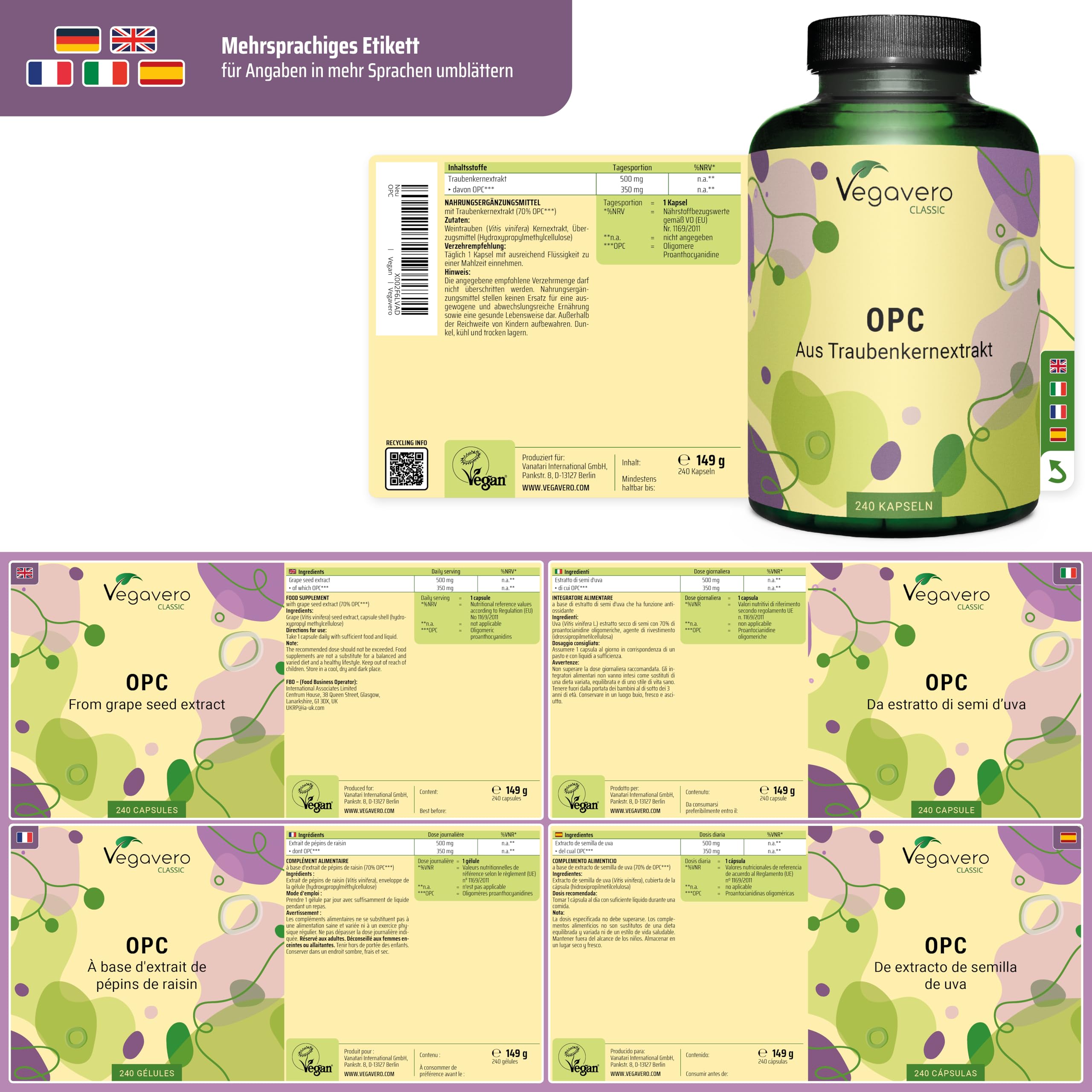 Vegavero OPC Traubenkernextrakt hochdosiert - 240 OPC Kapseln hochdosiert 500 mg - 8 Monate Vorrat - HPLC geprüft, ohne Zusatzstoffe - vegan, aus französischen Trauben