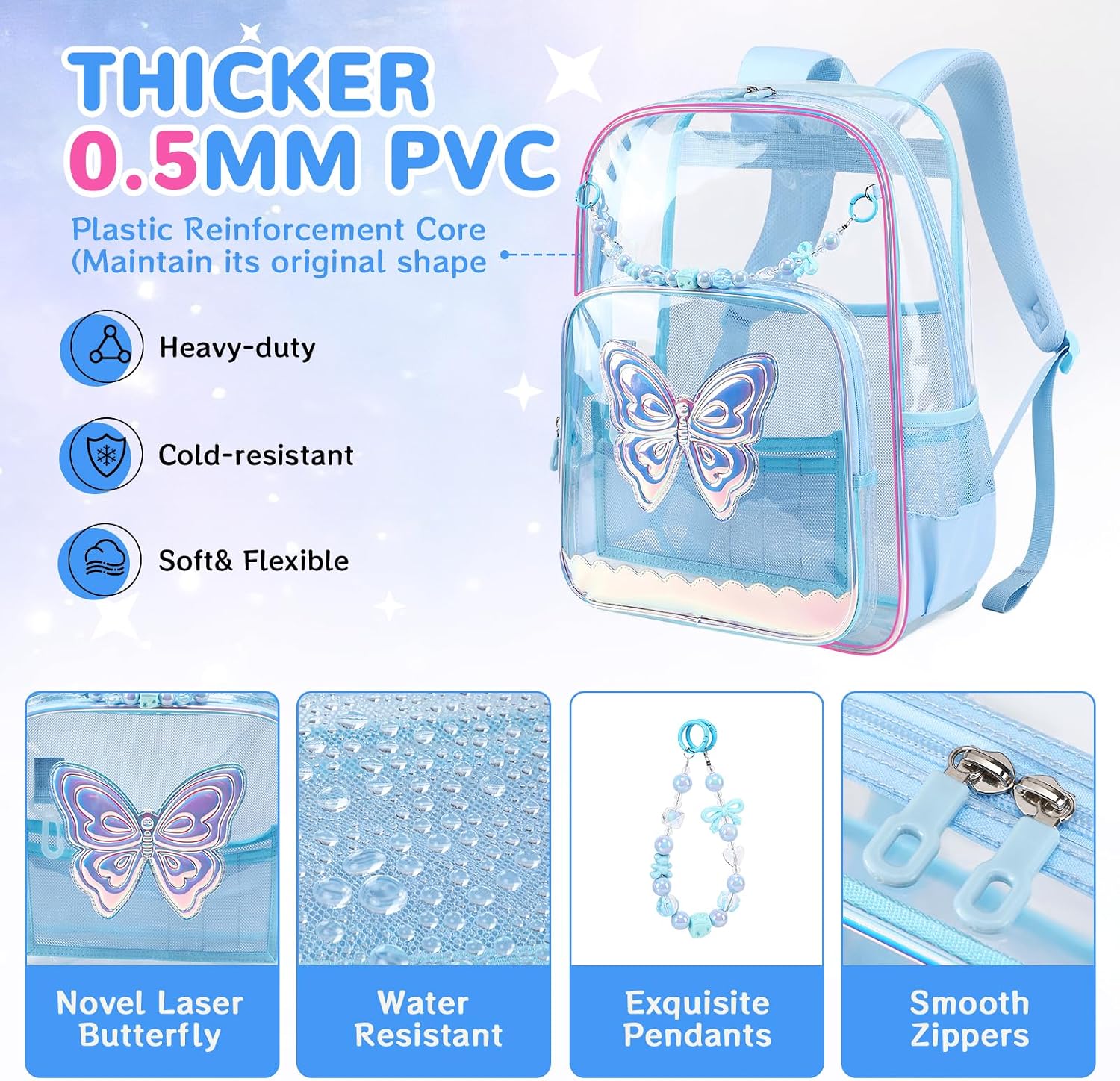 MUSEVOS Clear Backpack, Clear Bookbag for School PVC Heavy Duty Transparent Backpack for Girls, Blue Butterfly