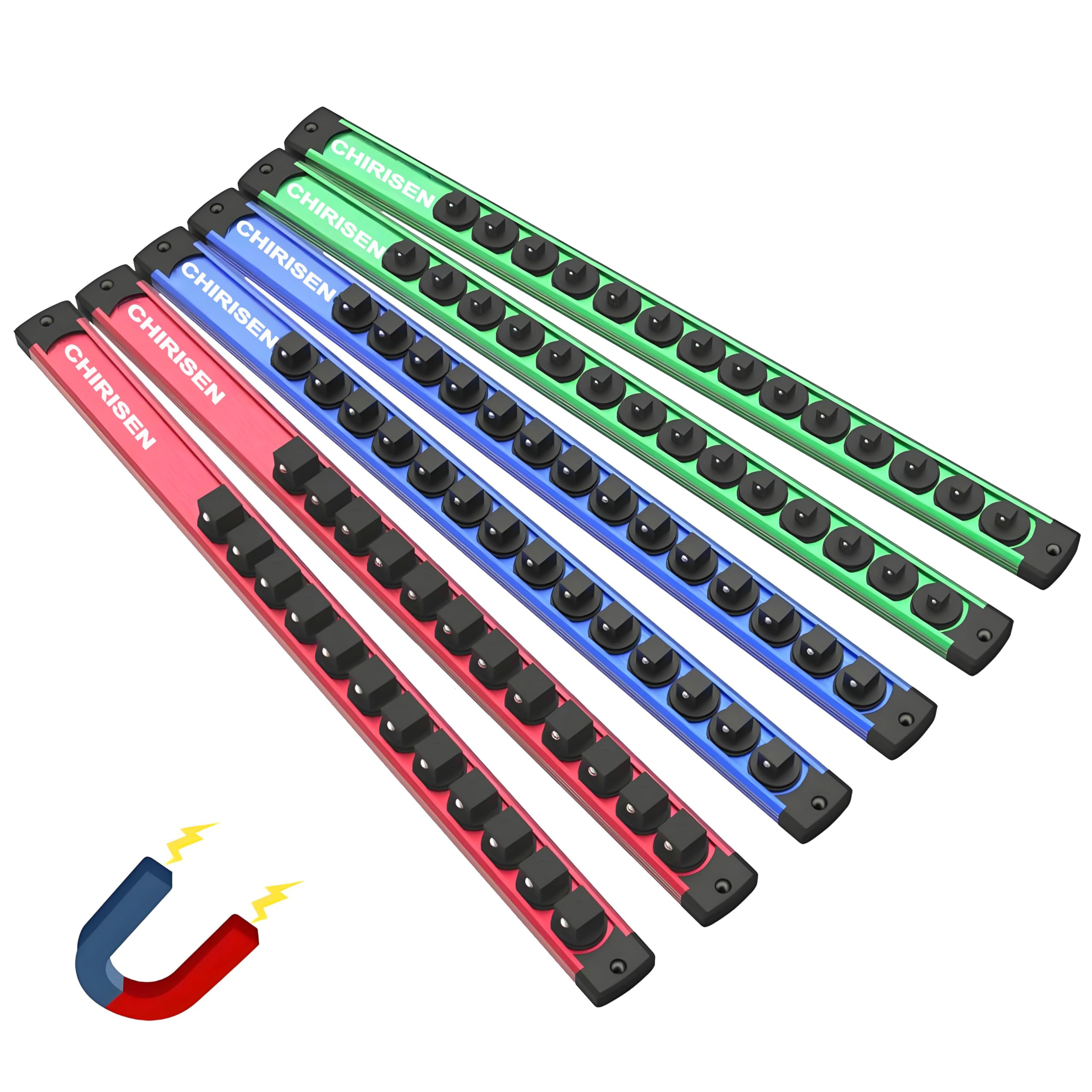 Lot de 6 supports de prise magnétiques rotatifs à 360° | Alliage d'aluminium, Pour tiroir de boîte à outils, 80 prises, 2 x 1/2", 2 x 3/8", 2 x 1/4"