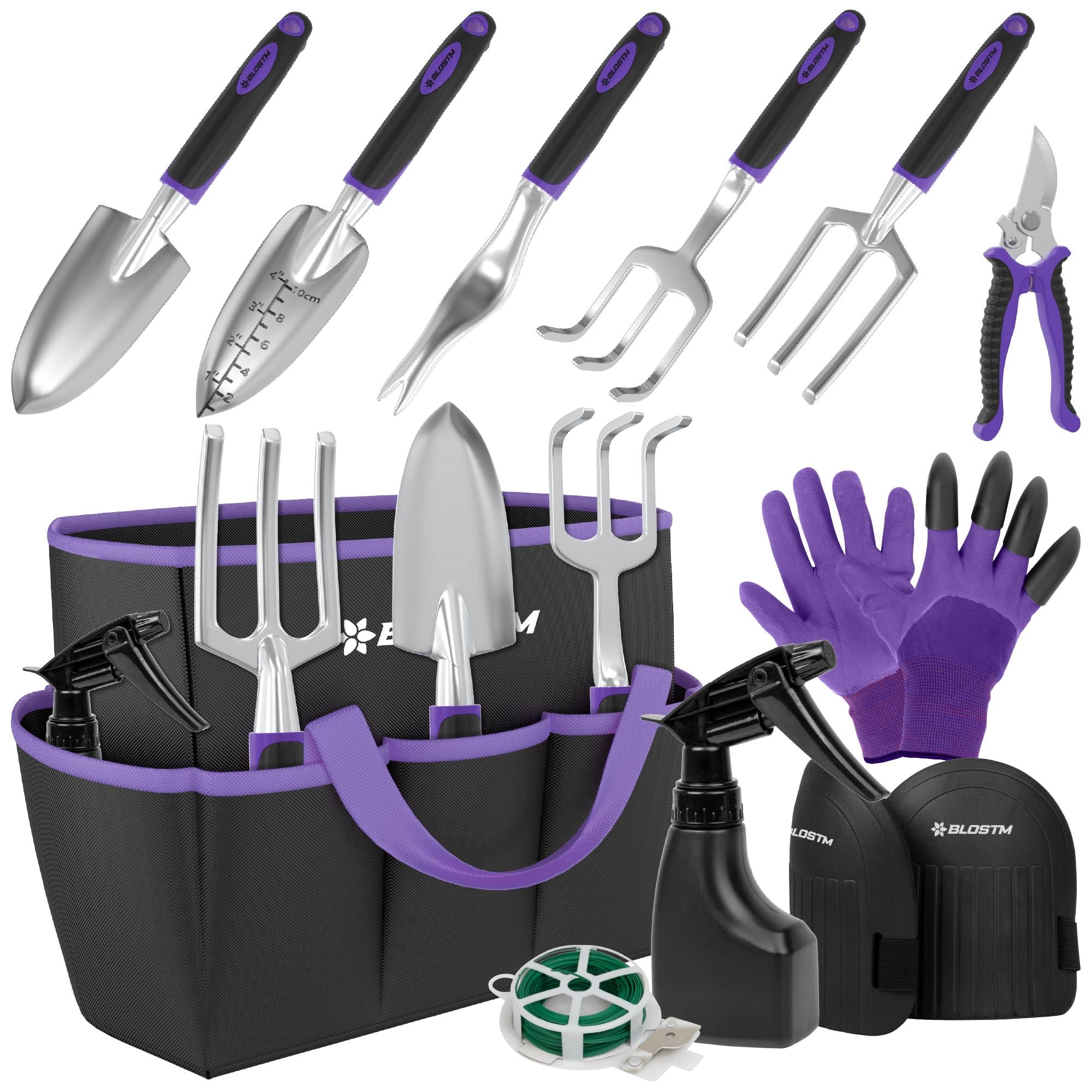 BLOSTM Ensemble d'outils de jardinage 11 pièces – Kit d'outils de jardin robustes avec sac fourre-tout imperméable – Truelle de jardin antirouille avec poignées ergonomiques – Cadeaux de jardinage