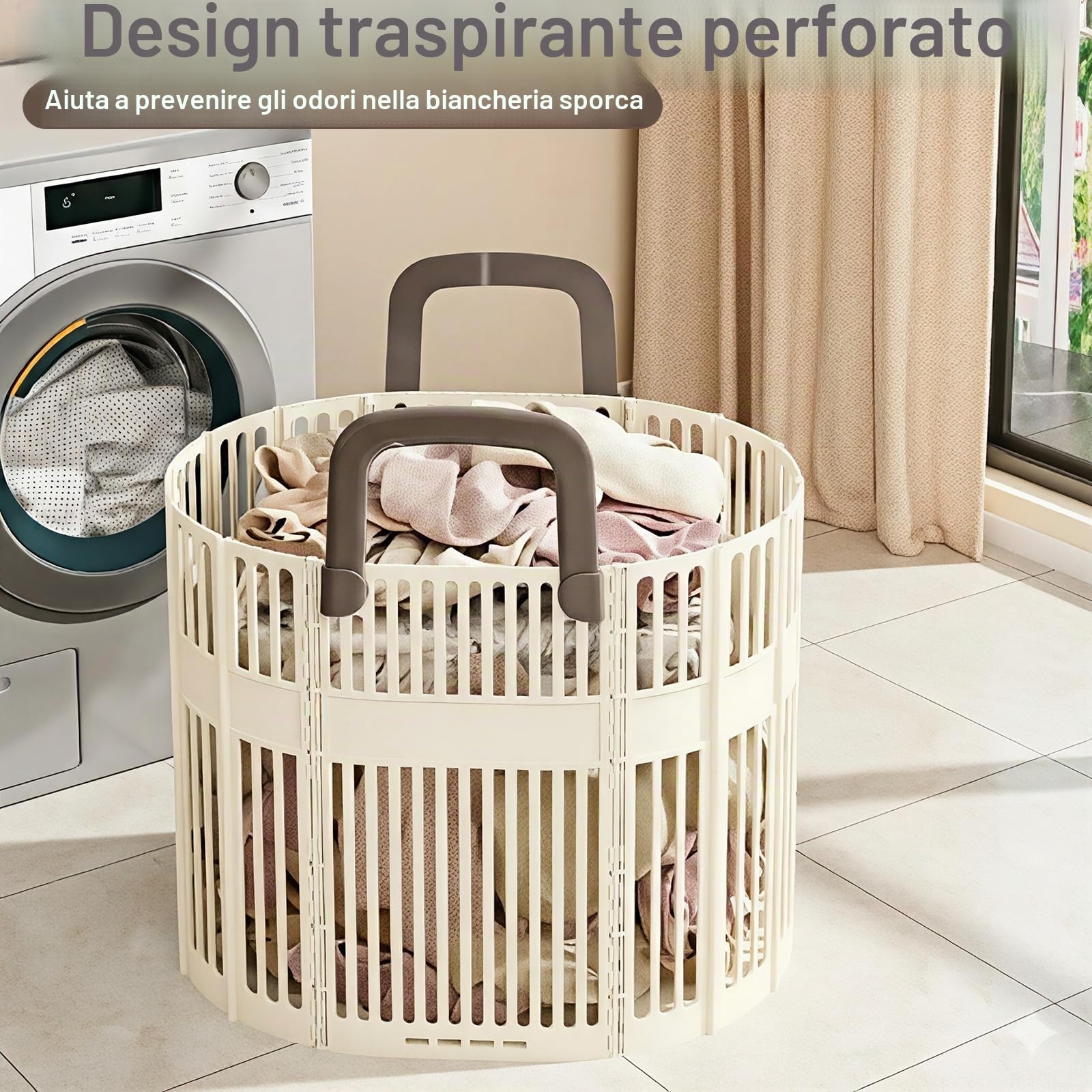 PAVSTINE Cesto Portabiancheria Pieghevole Grande, Portabiancheria Plastica | 43L Cesto Biancheria Sporca con Manici Salvaspazio, Collapsible Laundry Basket per Bagno, Lavanderia, Beige