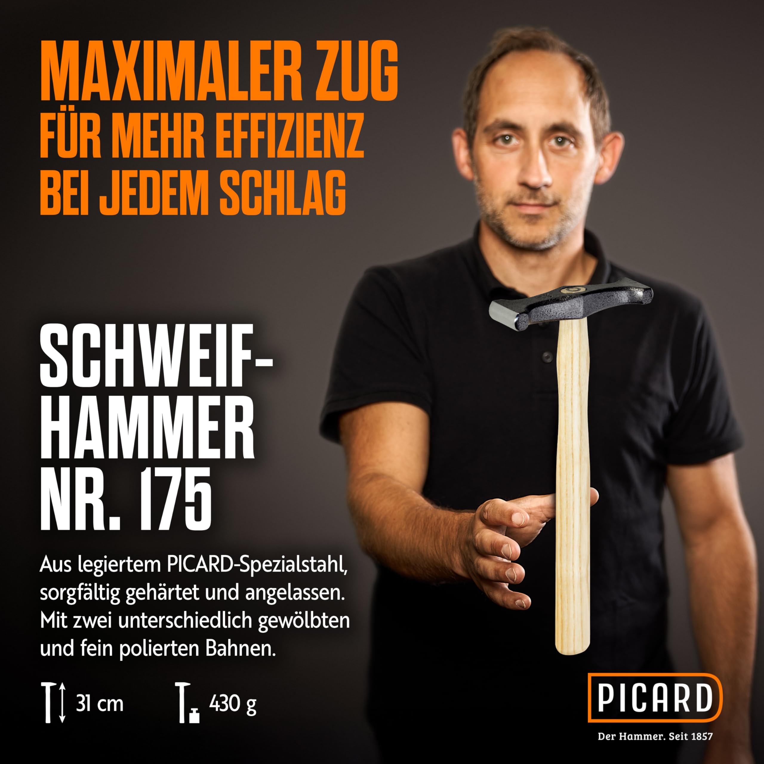 PICARD Schweifhammer Nr. 175 ES 375g | Profi-Qualität für Dachdecker-Dachklempner | Robust & Präzise | Ergonomischer Eschenstiel | Hammerschlag-Grau | Spezialstahl | Made in Germany seit 1857