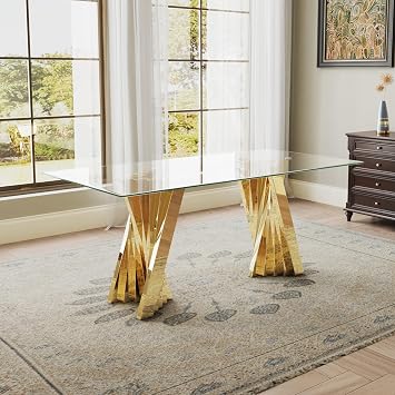 Luxury 70" Glass Dining Table for 6, Modern Large Kitchen Table with Tempered Glass Tabletop and Gold Unique-Shape Stainless Steel Base for Dining Room, Kithchen
