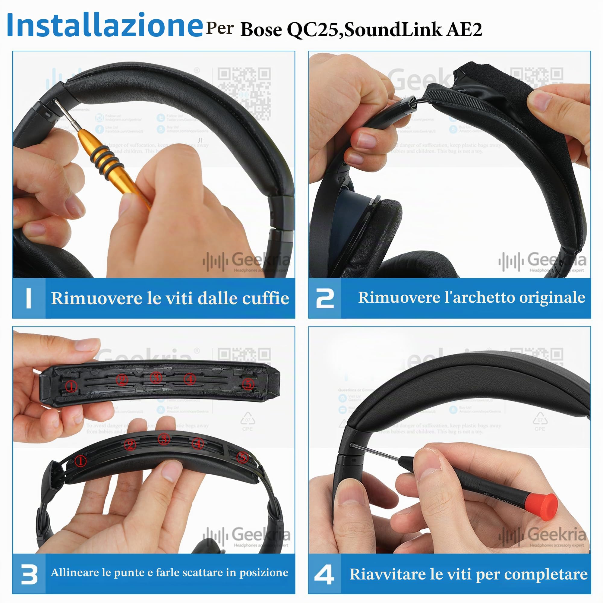 Geekria Fascia Di Ricambio In Pelle Proteica Per Bose SoundLink AE2 E QC25 – Cuscinetto Per Archetto Blu, 14 X 2 Cm, Riparazione Facile