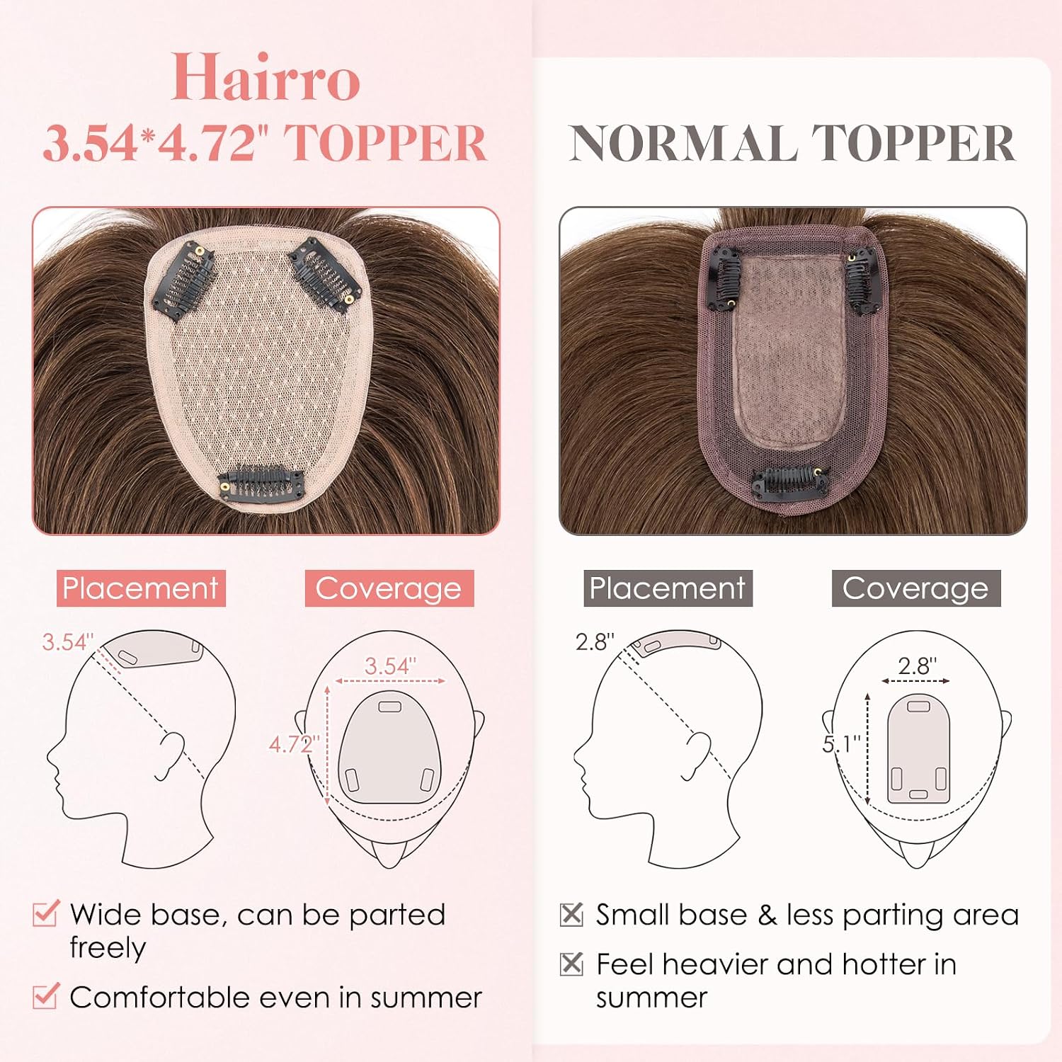 Hairro Human Hair Toppers with Wispy Bangs, 3.5x4.7" Hand-wovened Base for Women with Thinning Hair, Lightweight & Breathable Realistic Scalp, Clip-in Hairpieces for Easy Wear, 16 Inch Dark Brown