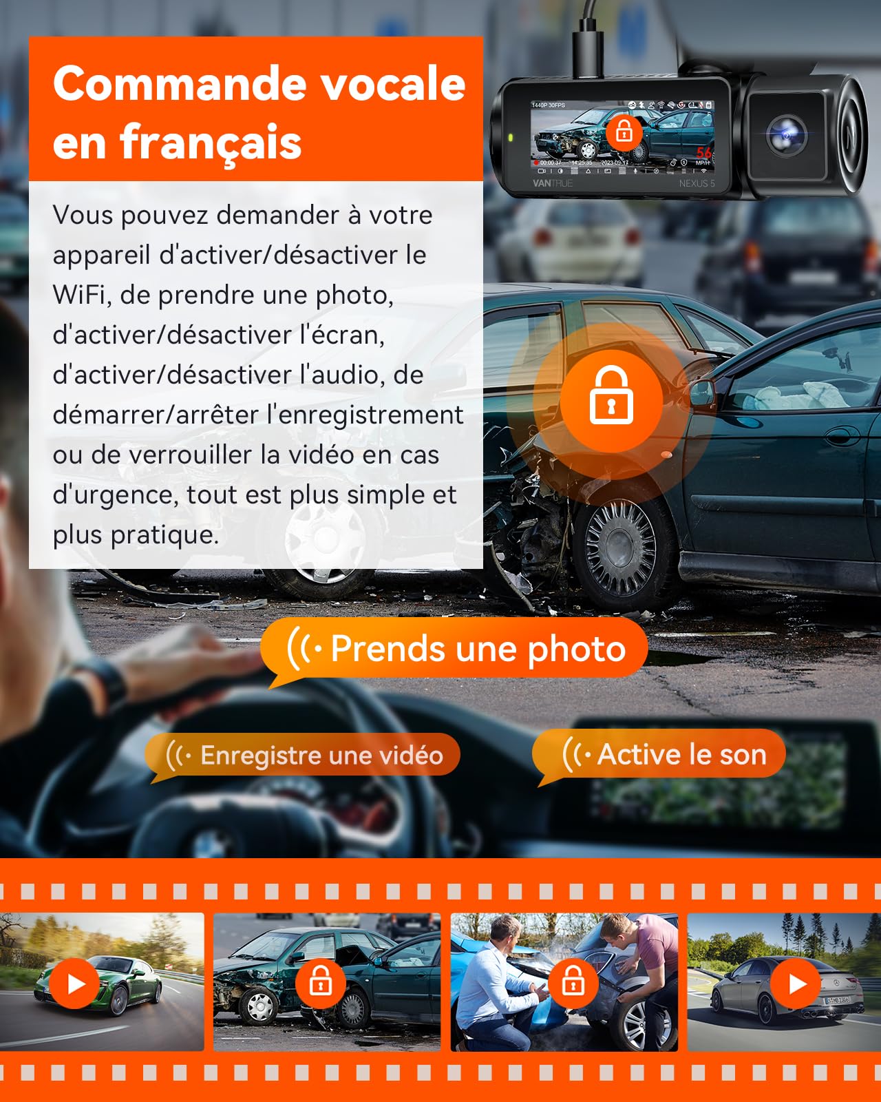 VANTRUE N5 4-Canaux Dashcam 2.7K+3x1080P HDR, 360 degrés STARVIS 2 Camera Voiture Avant Arriere, 5GHz WiFi GPS Caméra Embarquée Infrarouge, Contrôle Vocale Français 24h. Mode Parking Tampon, Max 512G