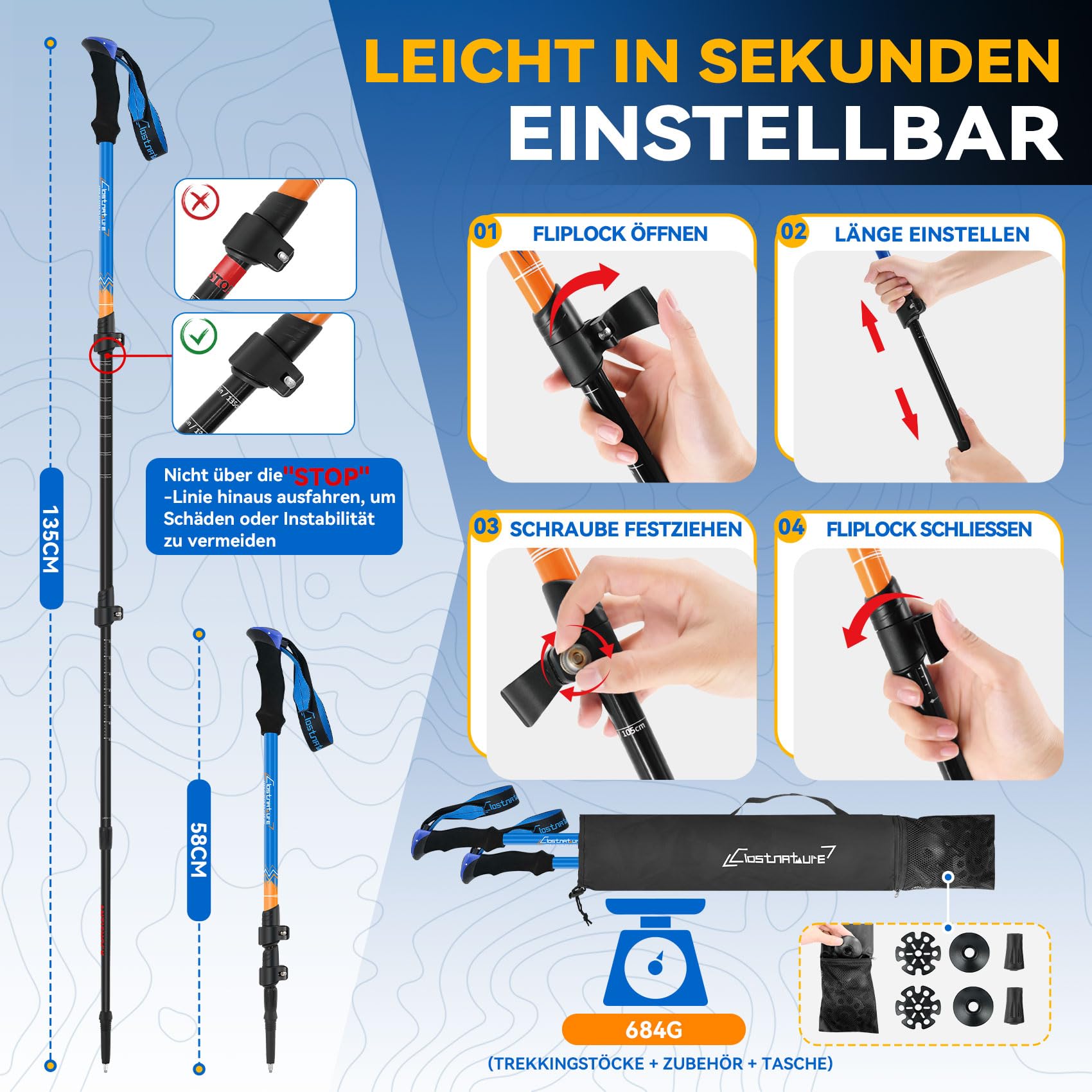 Clostnature Wanderstöcke Teleskop Aluminium - Nordic Walking Stöcke für Damen und Herren, 58-135cm Leichte Trekkingstöcke Ausziehbar für Trekking und Wandern(2 Stück), Verstellbarer Wanderstock