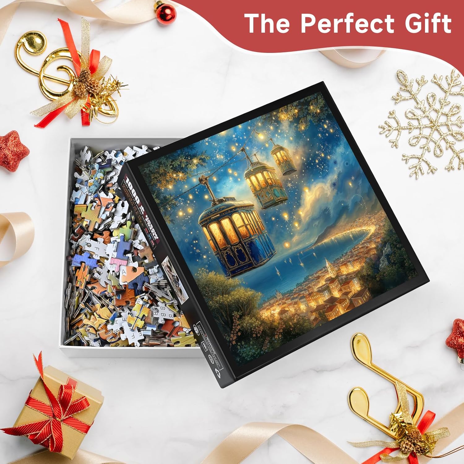Magical Starry Sky Cable Car 1000 Piece Jigsaw Puzzle for Adults - Fantasy Coastal Town with Glowing Lights, Poster & Lettered Back, 22.8" Square HD Quality, Unique Gift for Travel & Fantasy Lovers