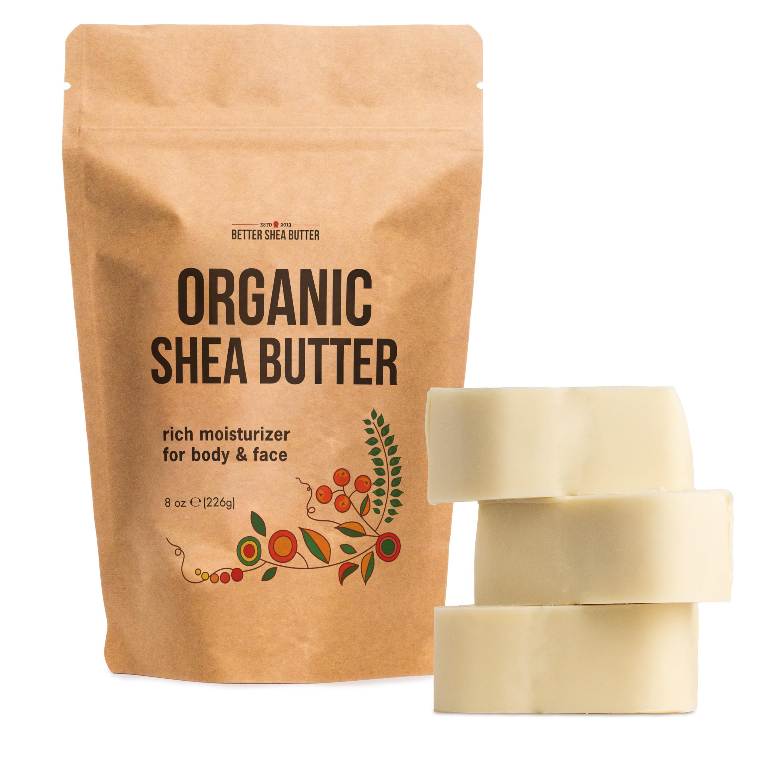 Organic Shea Butter Raw Unrefined | Pure African Shea Butter for Hair & Dry Skin | Natural Face Moisturizer | Body Butter Base for Lotion, DIY Lip Balm and Soap Making Supplies, 8oz Bar