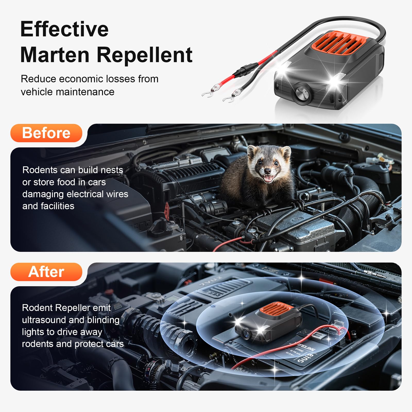 Marderschreck Auto, 2 Stück Ultraschall Mausabwehr, 12V Auto-Batterie Marderabwehr, Mäuseabschreckung mit Zwei Arten des Aufladens, Langfristiger Marderschutz im Motorraum