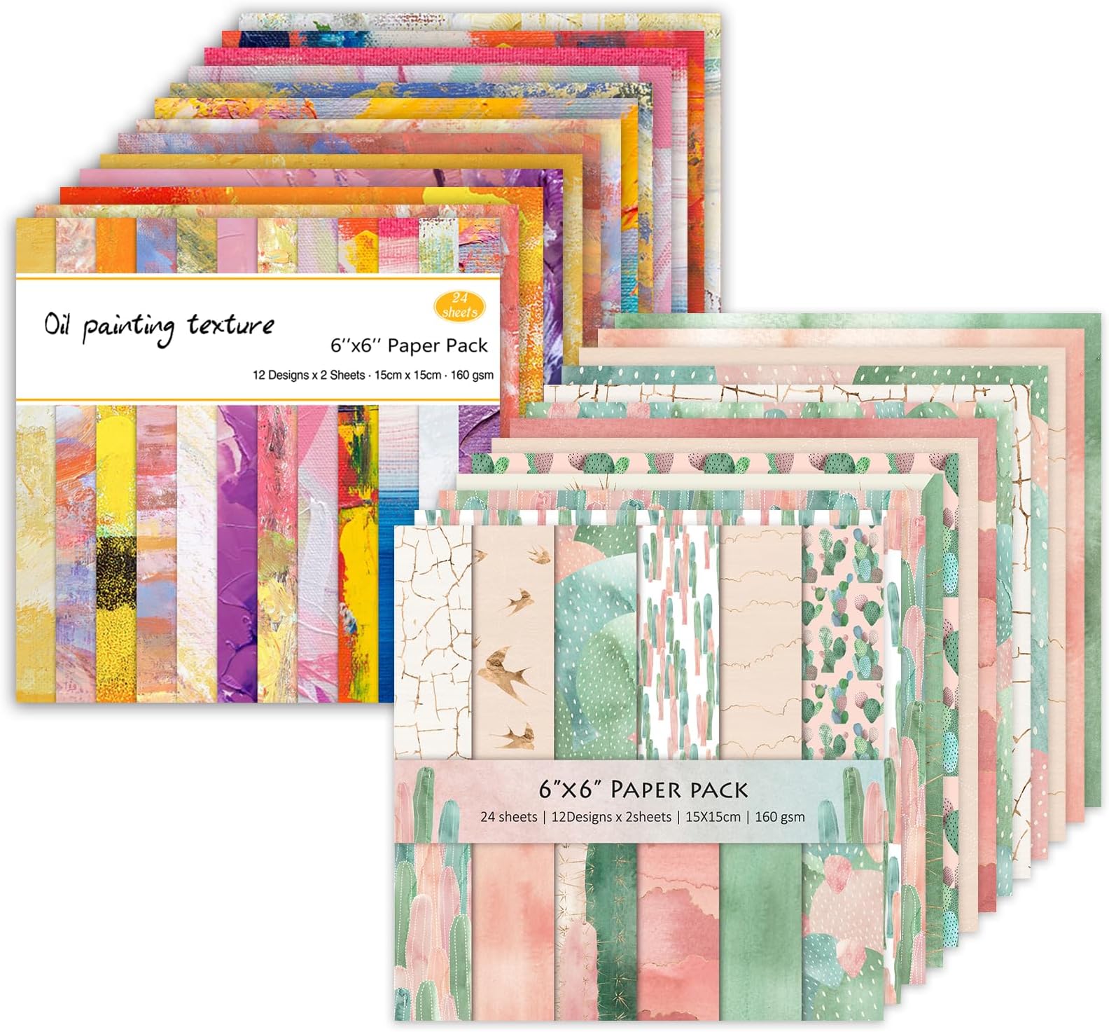48 Sheets 24 Designs Scrapbook Paper Pad, 6"×6" Single-Sided Decopodge Craft Paper,Cardstock Paper,Scrapbooking DIY Decorative Background Cardmaking Supplies.Cactus&Oil Painting
