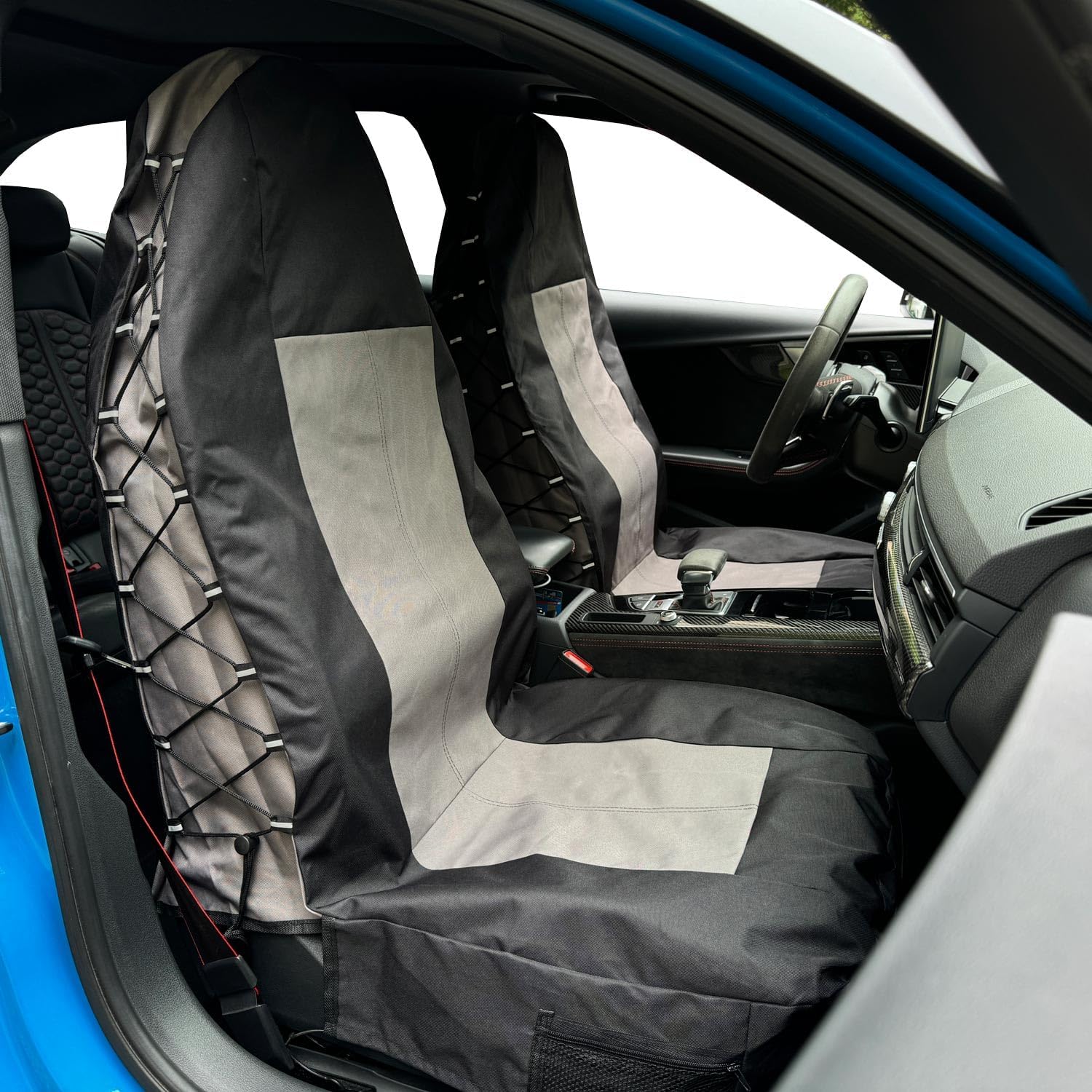 Gray Seat Covers for Cars Trucks SUV, Universal Canvas Tactical Multi-Pockets Organizers Rain Defender, Waterproof Seat Protectors Front Set