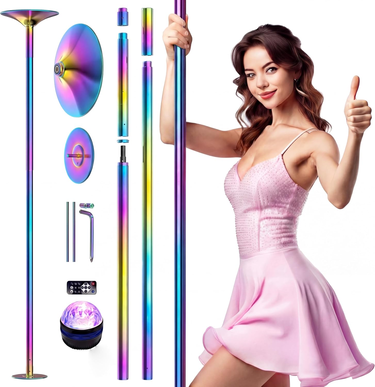 PYY Dance Pole - Adjustable & Portable Dancing Pole for Gym Studio Pub, Chrome Finish, Spinning & Static Modes, No Drilling Required, w/Remote LED Stage Lights