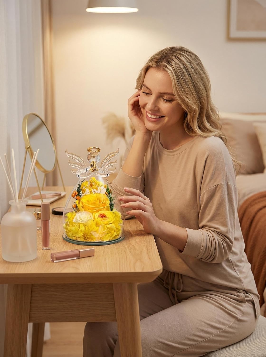 Gifts for Mom, Mother’s Day Birthday Gift for Women, Preserved Rose Angel Figurine in Glass, Handmade Angel Flower Keepsake for Women Birthday Sympathy Gift (Yellow)