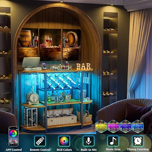 Miniatura 2 de Hyomdeck Armario de bar para el hogar con toma de corriente, barra de vino industrial independiente con tira LED y soporte para vidrio, gabinete de