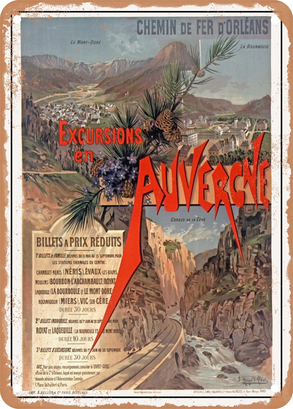 Miaomansenstore Metal Sign - 1894 Orleans Railways Excursions In Auvergne Vintage Ad Home Decor