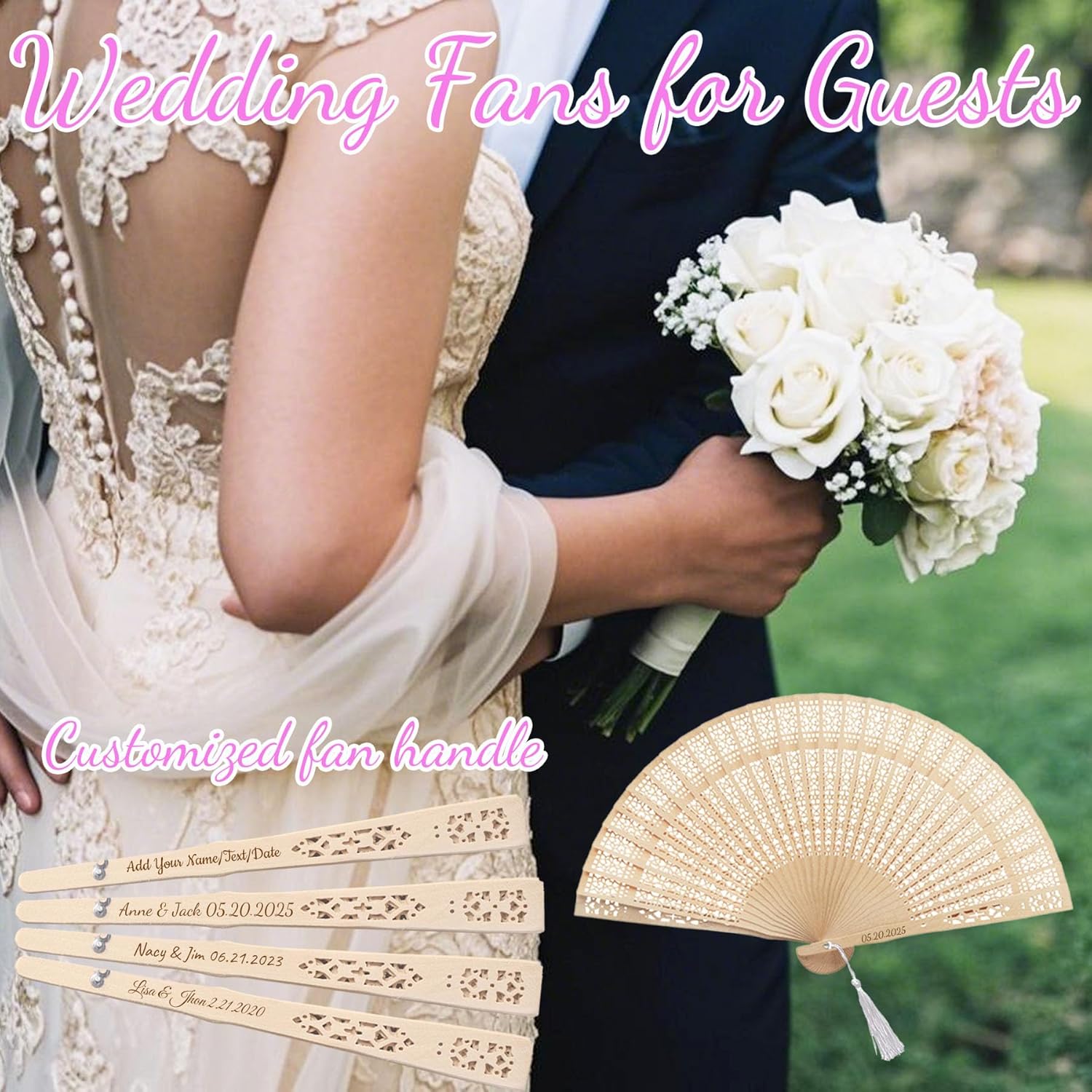 100pcs Wedding Fans Personalized Folding Hand Fan with Name/Text/Date, Custom Sandalwood Wedding Handheld Fans Bulk, Customized Name Fan for Decoration Party Favor Gifts (100)